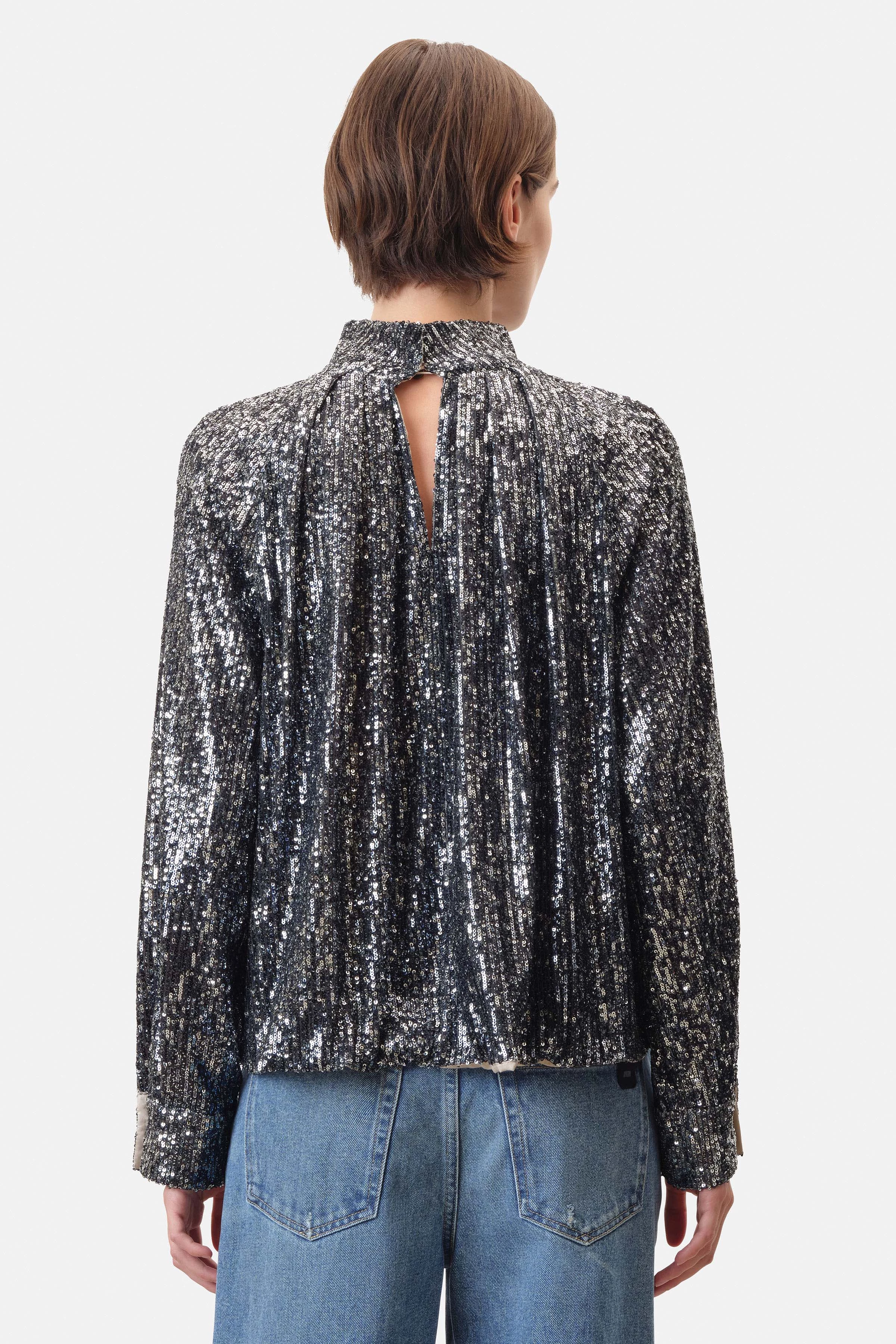 DRUNA - blouse with stand-up collar in printed sequin - women - blue - Rückansicht