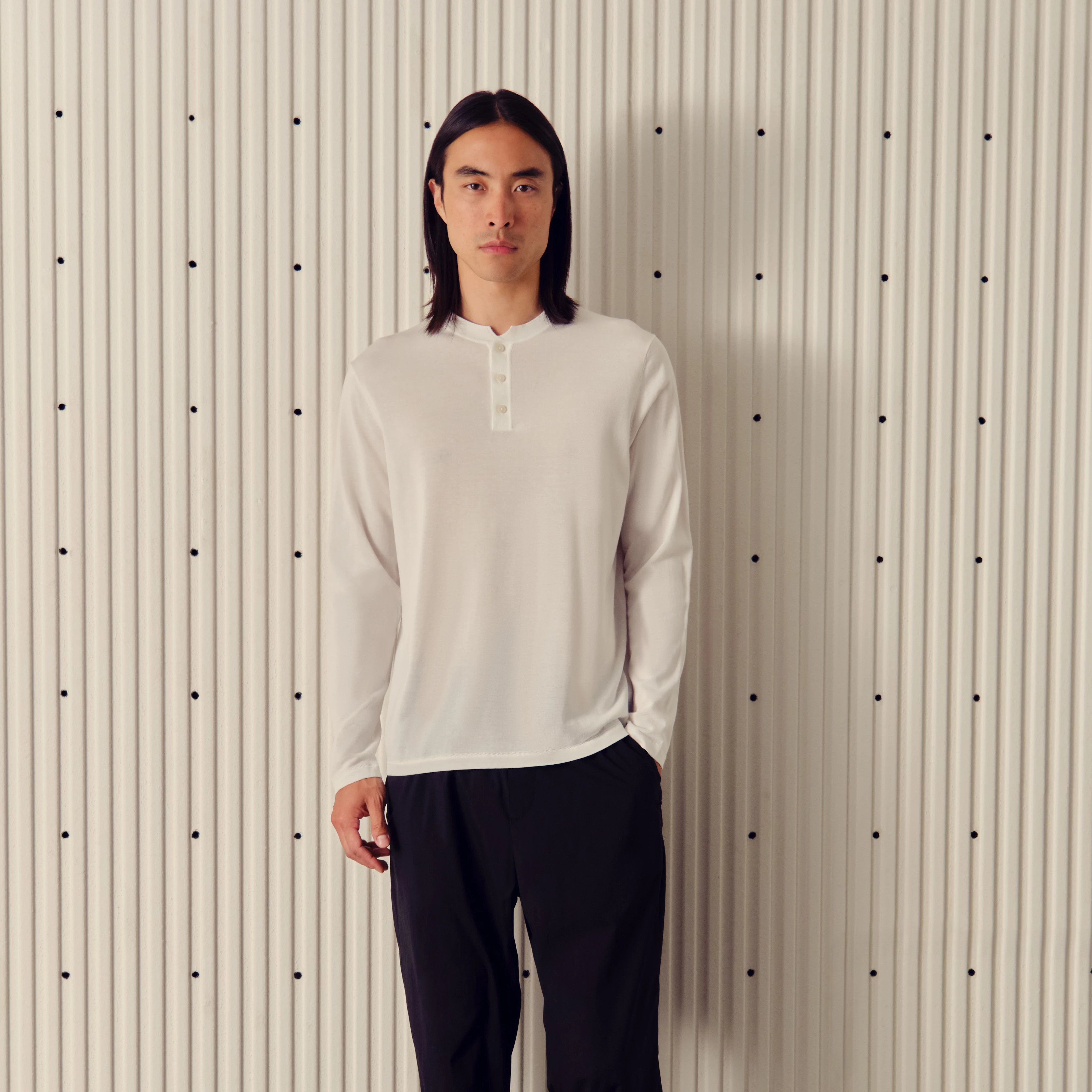 KIAAN - Regular fit, fine knit long-sleeve with stand collar - men - off white