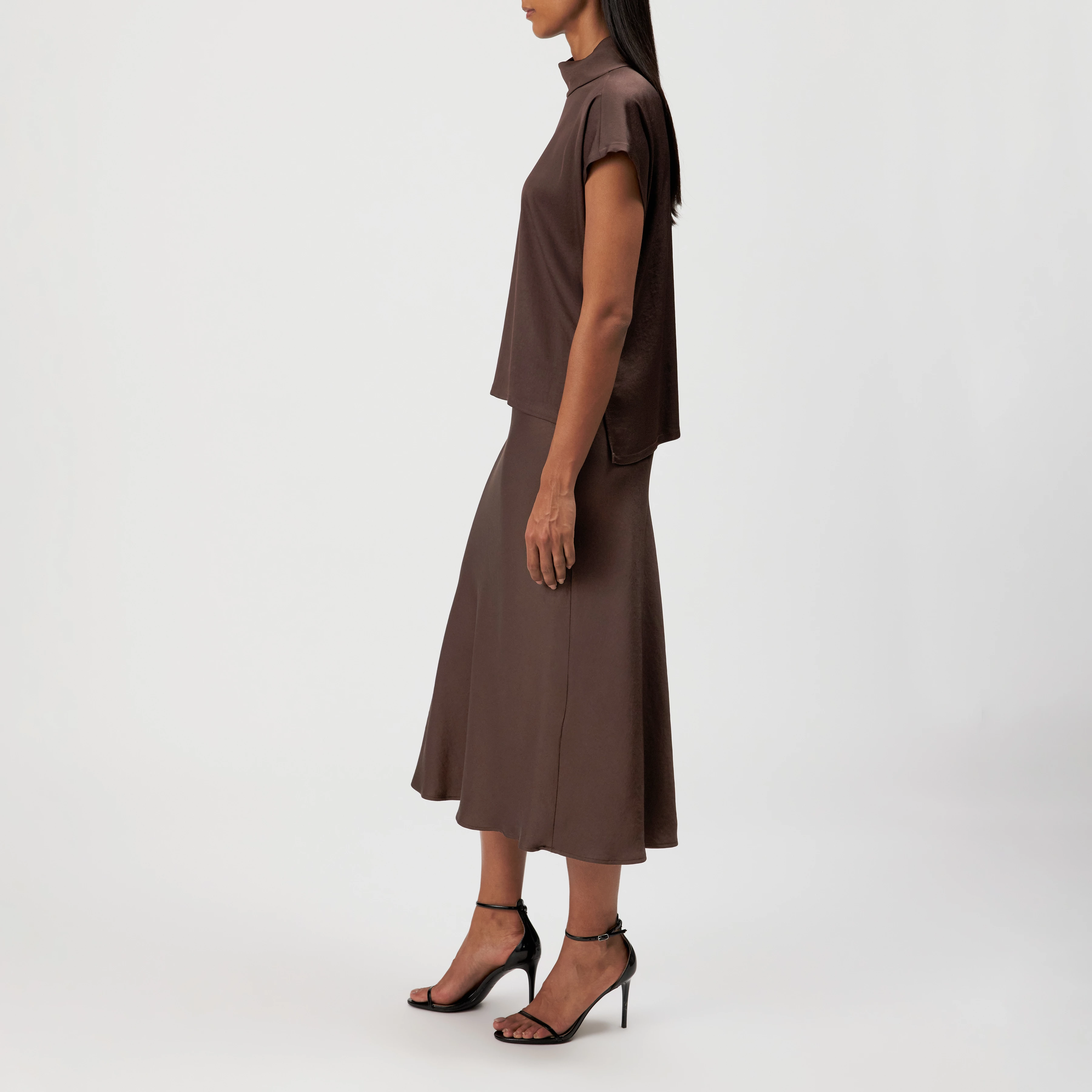 ALARIA_1 - Shirt blouse with stand-up collar in satin - women - brown - Seitenansicht
