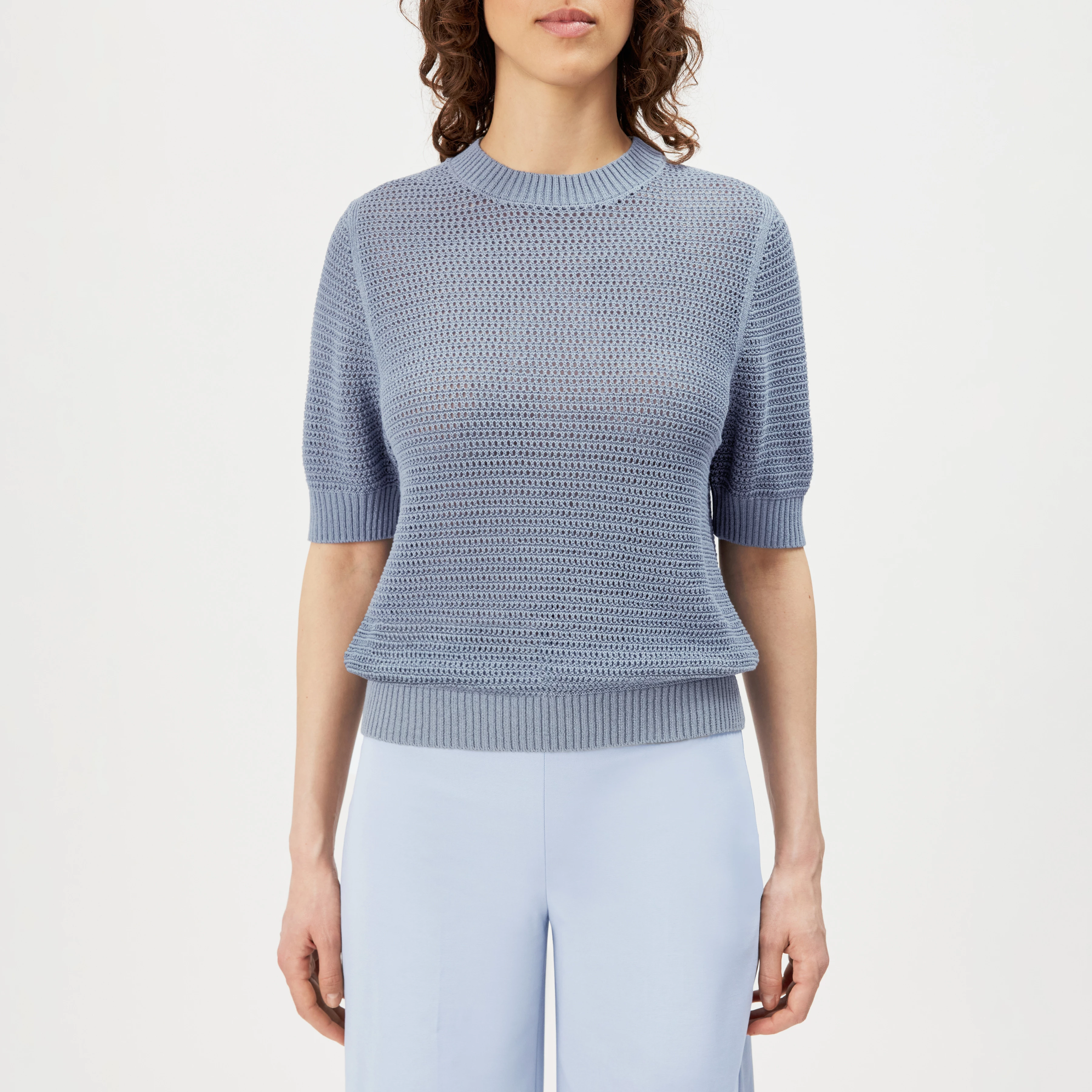SANIDY - Chunky knit short sleeve in cotton blend - women - blue - Frontansicht