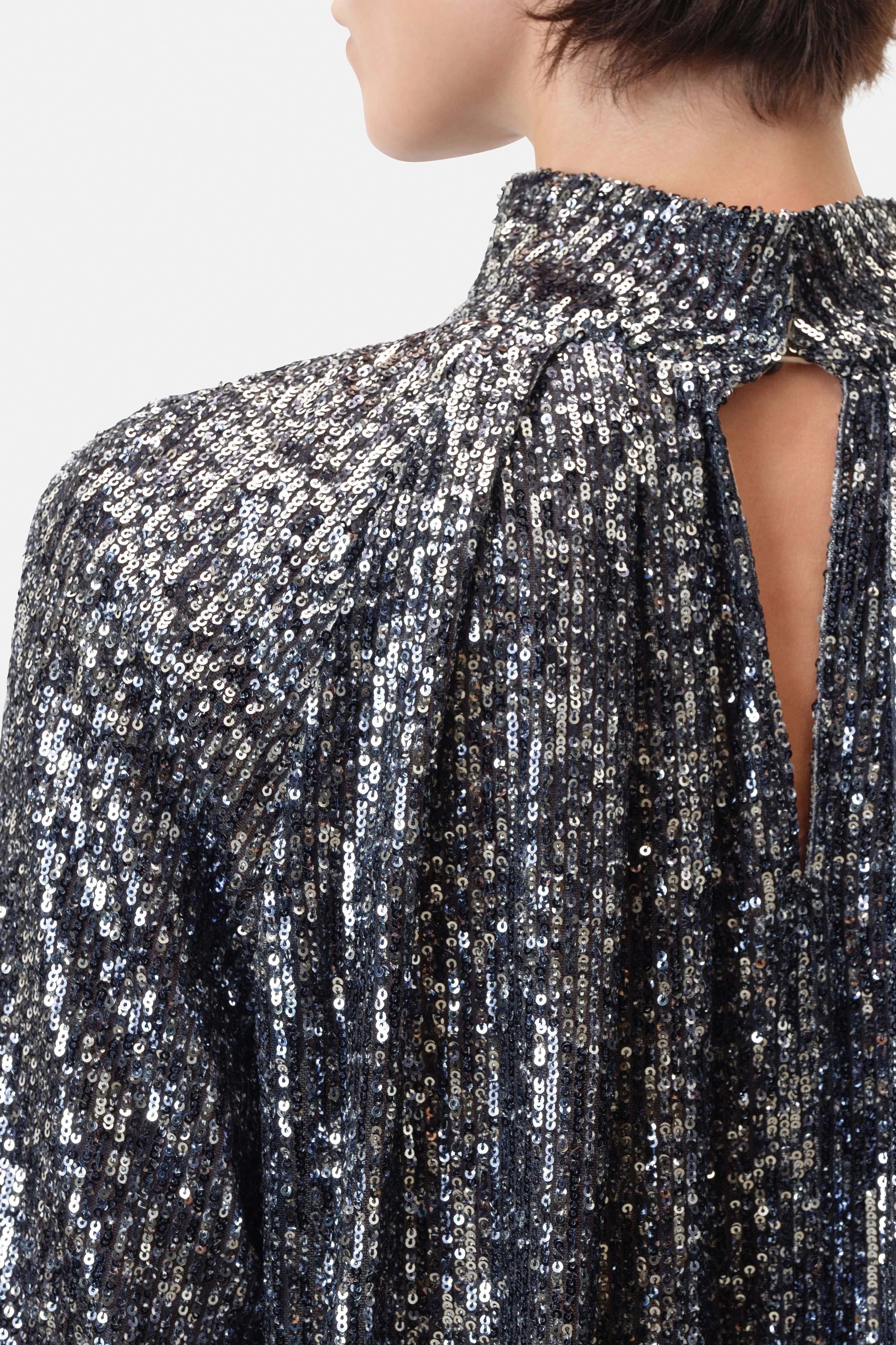 DRUNA - blouse with stand-up collar in printed sequin - women - blue - Seitenansicht