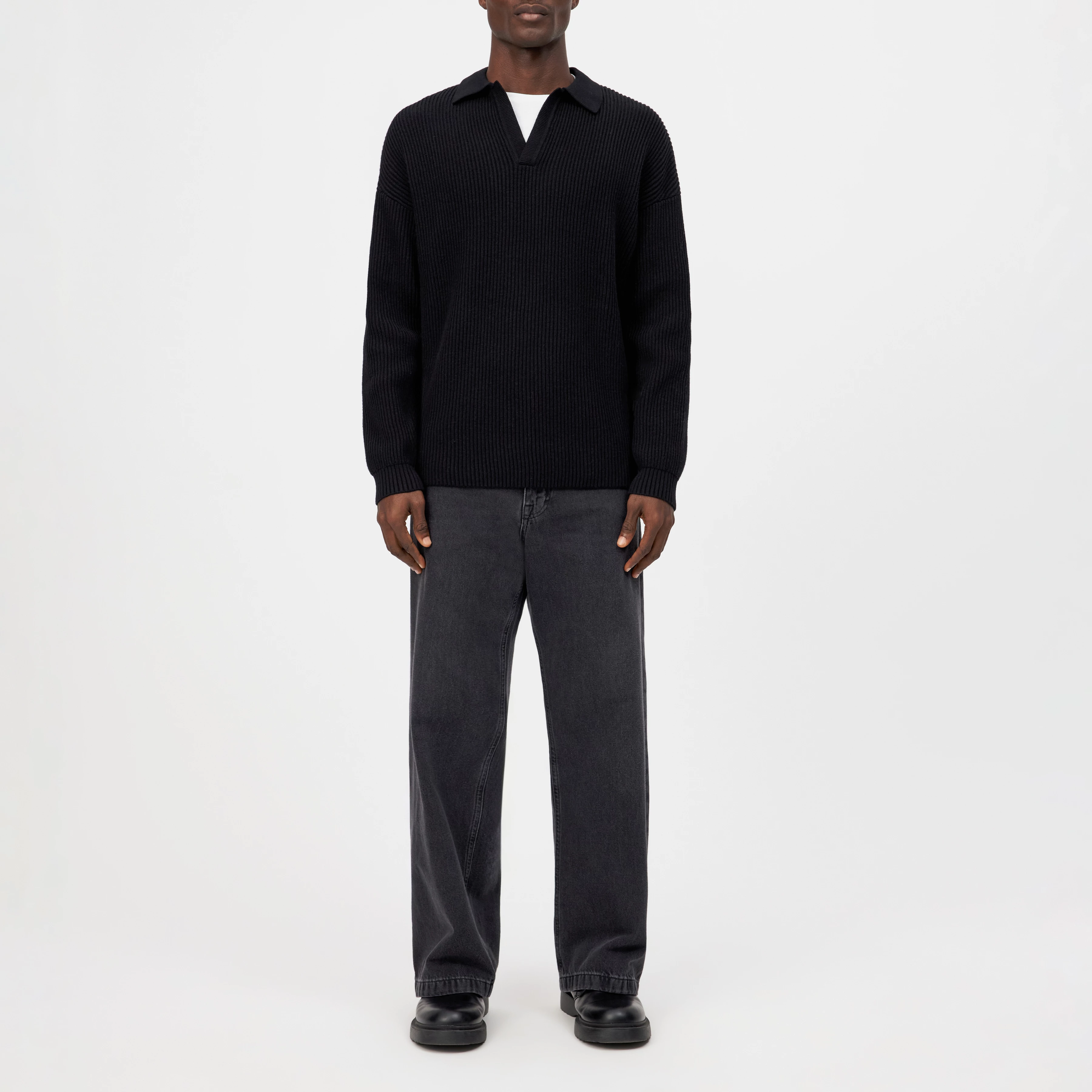 RUSTINO - Strickpullover mit Polokragen in Baumwoll-Mix - Herren - schwarz - Ganzkörper-Frontansicht