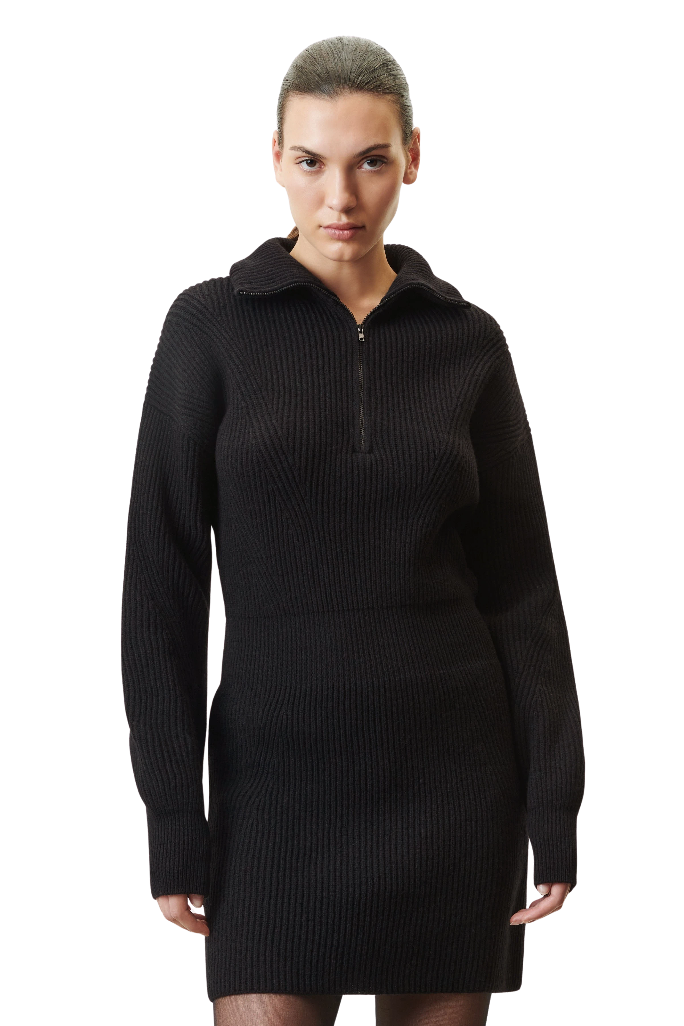 SVANTJE - Taillenbetontes Minikleid mit Troyerkragen in Schurwolle - Damen - schwarz - Frontansicht