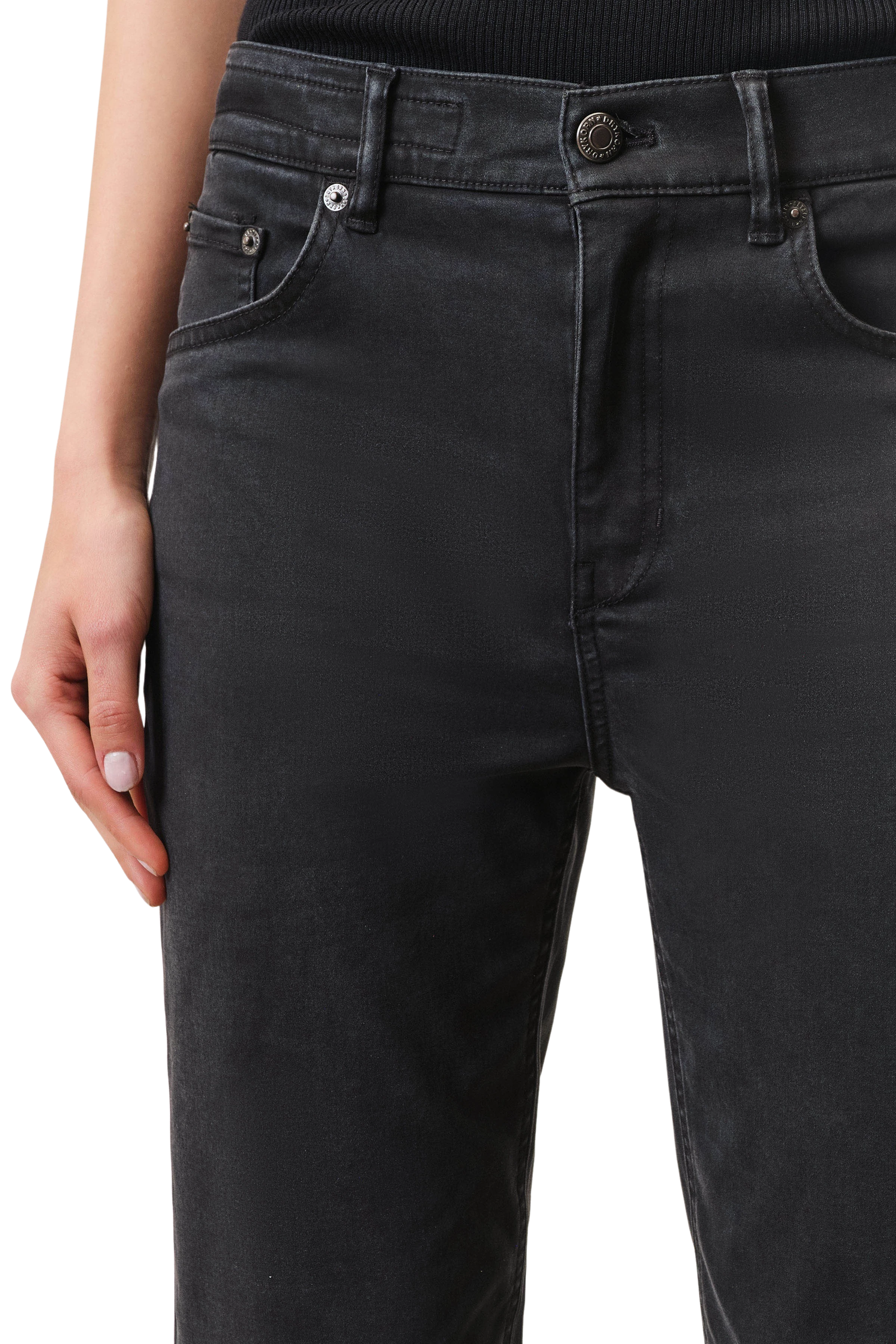 FAR - High-Waist Skinny in super-stretch Denim - Damen - schwarz - Detailansicht am Model