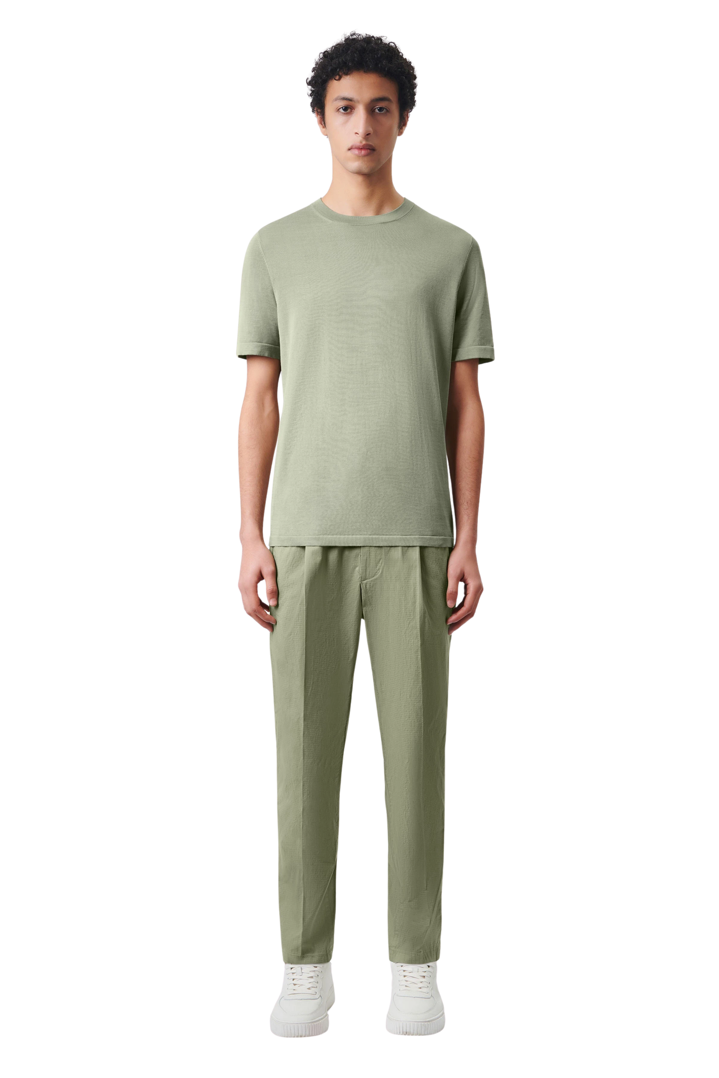 VALENTIN - knitted t-shirt with wide cuffs in pure cotton - men - green - Ganzkörper-Frontansicht