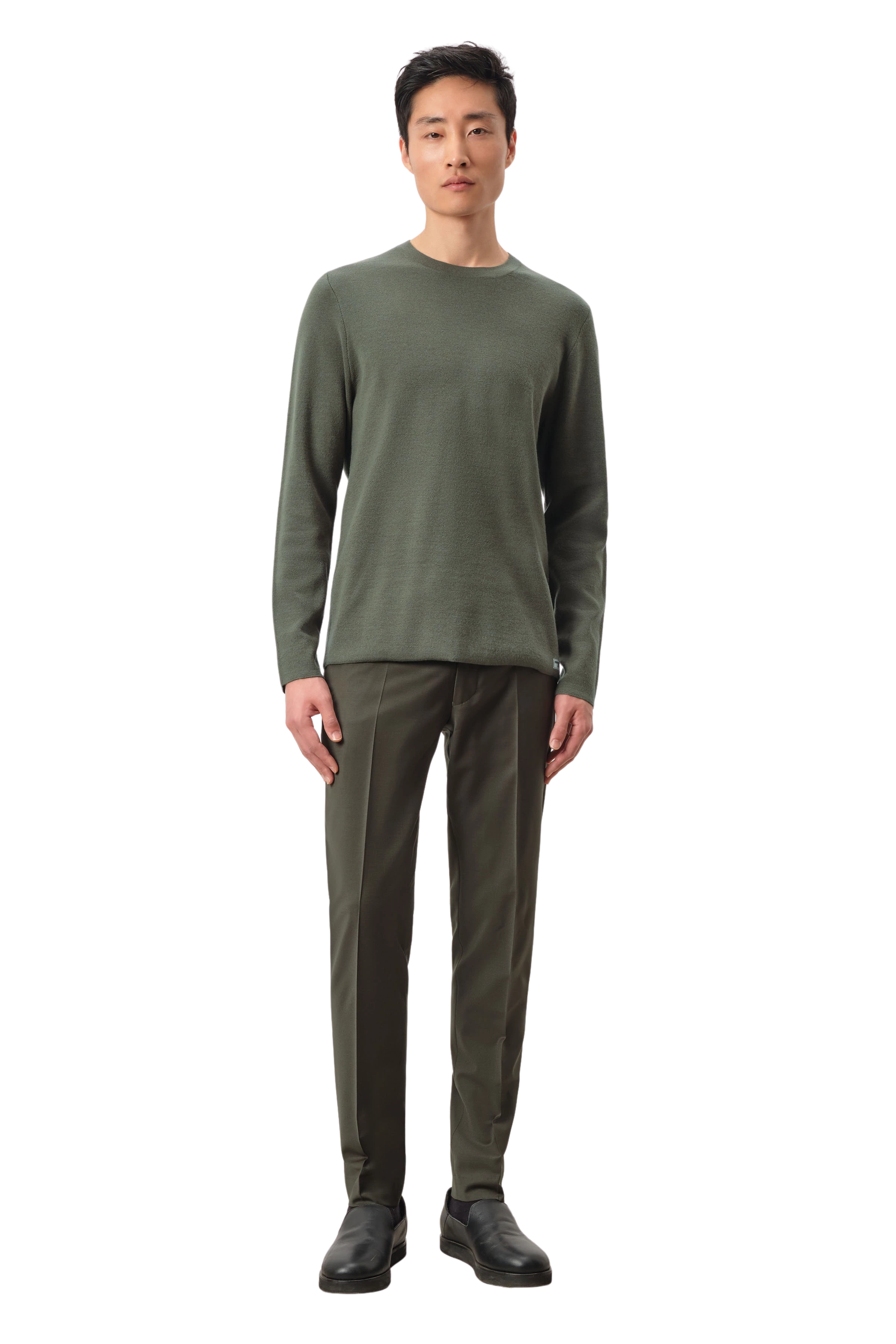 ELRIK - Round-neck jumper in 100% merino wool - men - green - Ganzkörper-Frontansicht