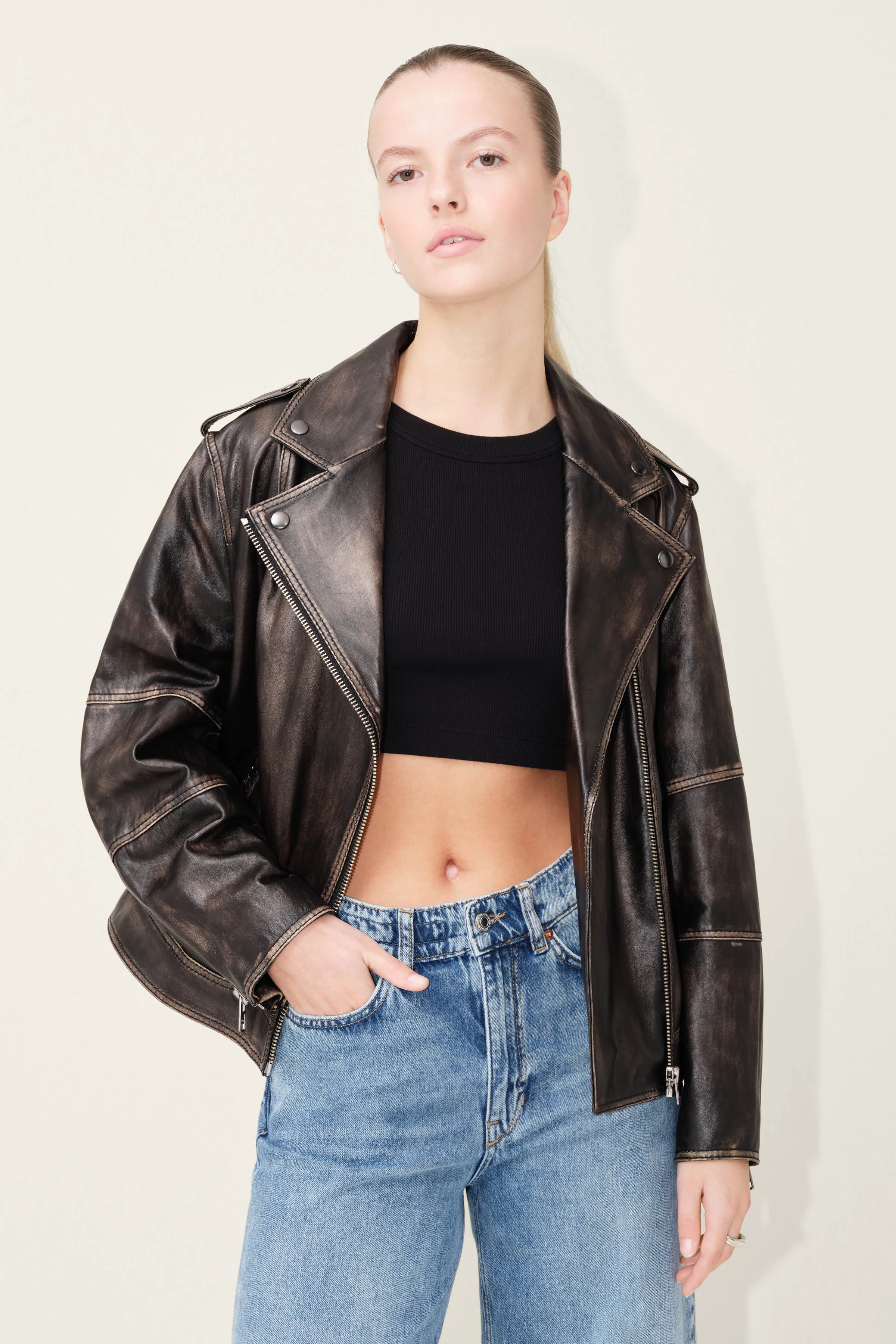 VROCK - Perfecto-Lederjacke aus Nappaleder - Damen - schwarz - Frontansicht