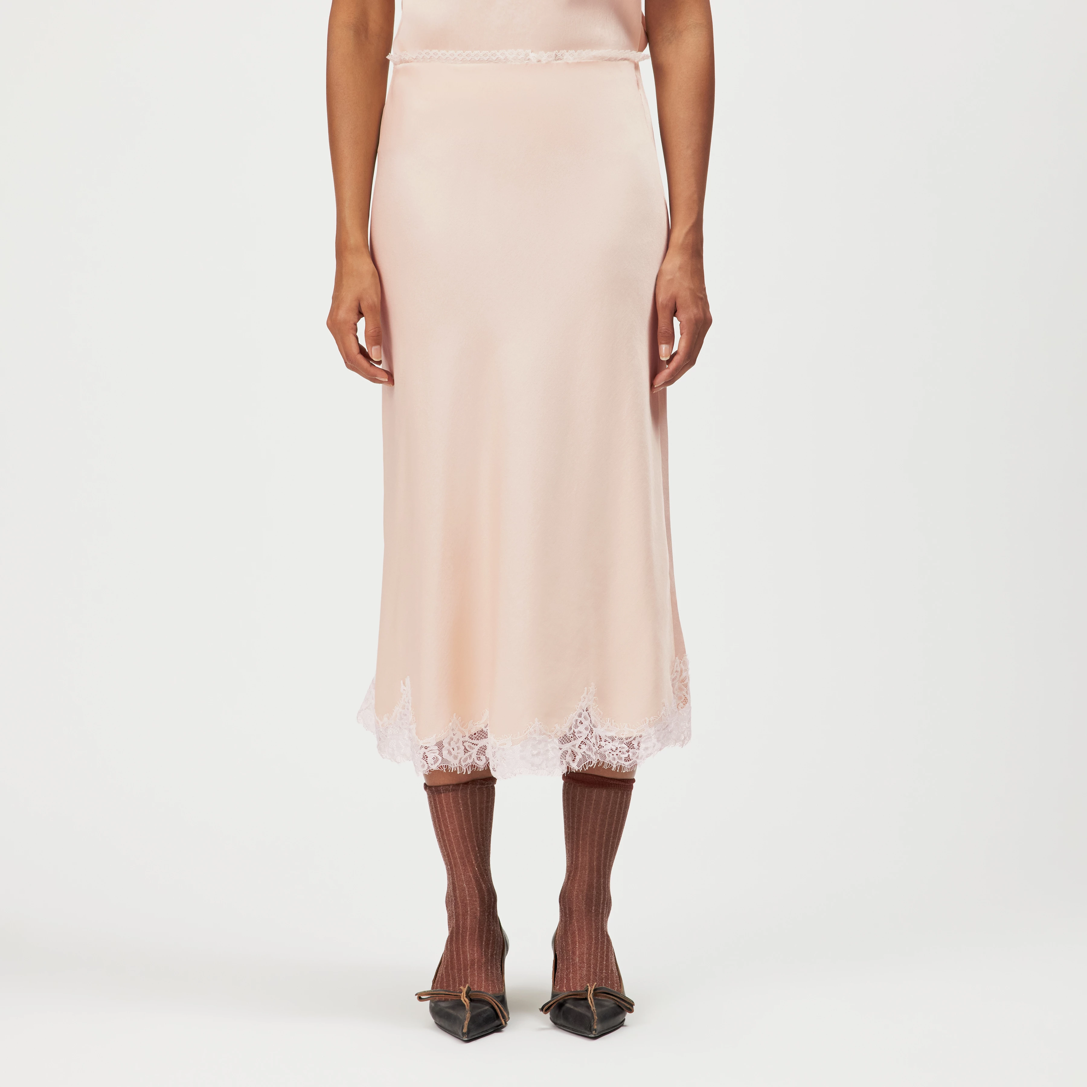 URA_3 - Satin midi slip skirt with lace - women - orange - Frontansicht