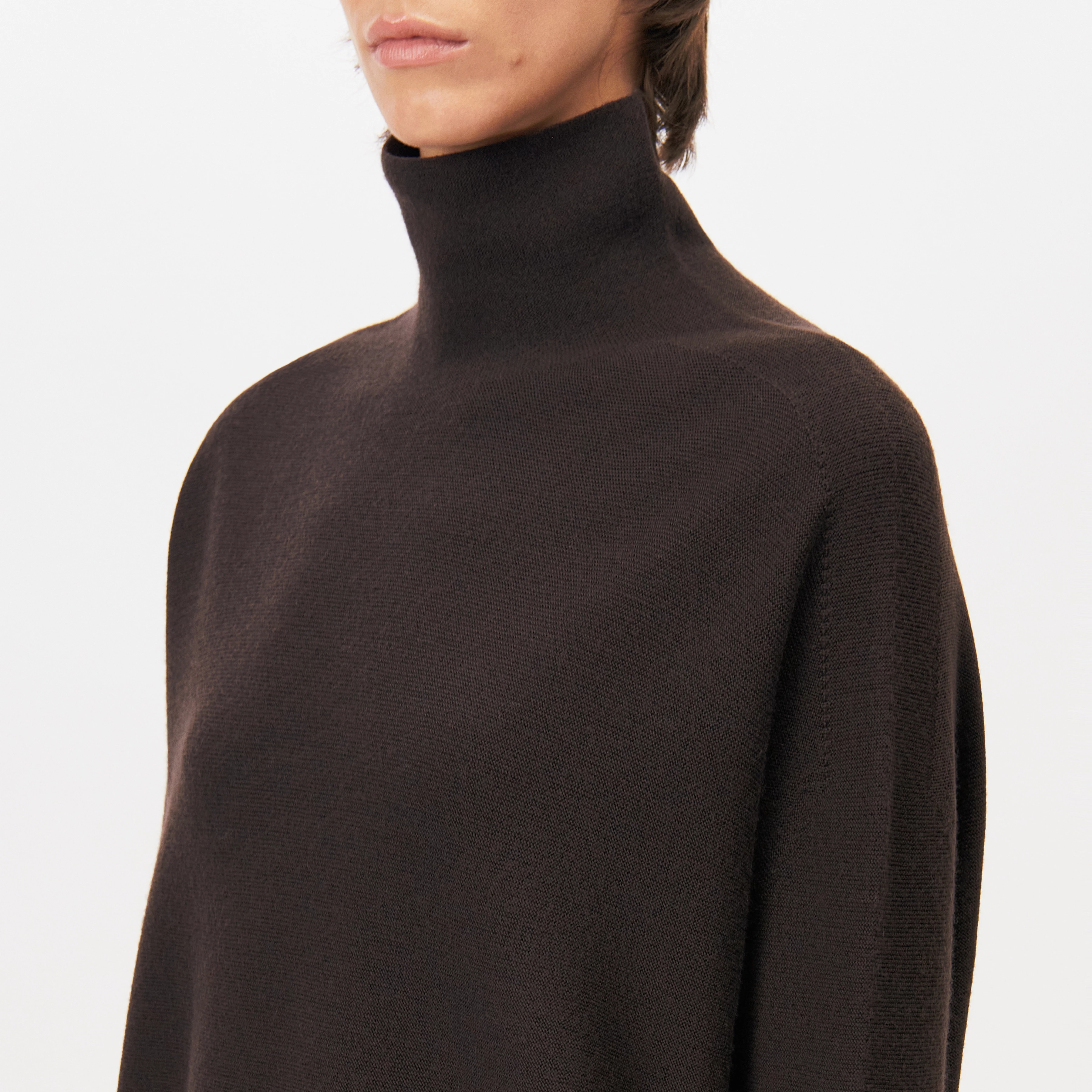 LIORA - Egg-shape turtleneck jumper in 100% merino wool - women - brown - Detailansicht am Model