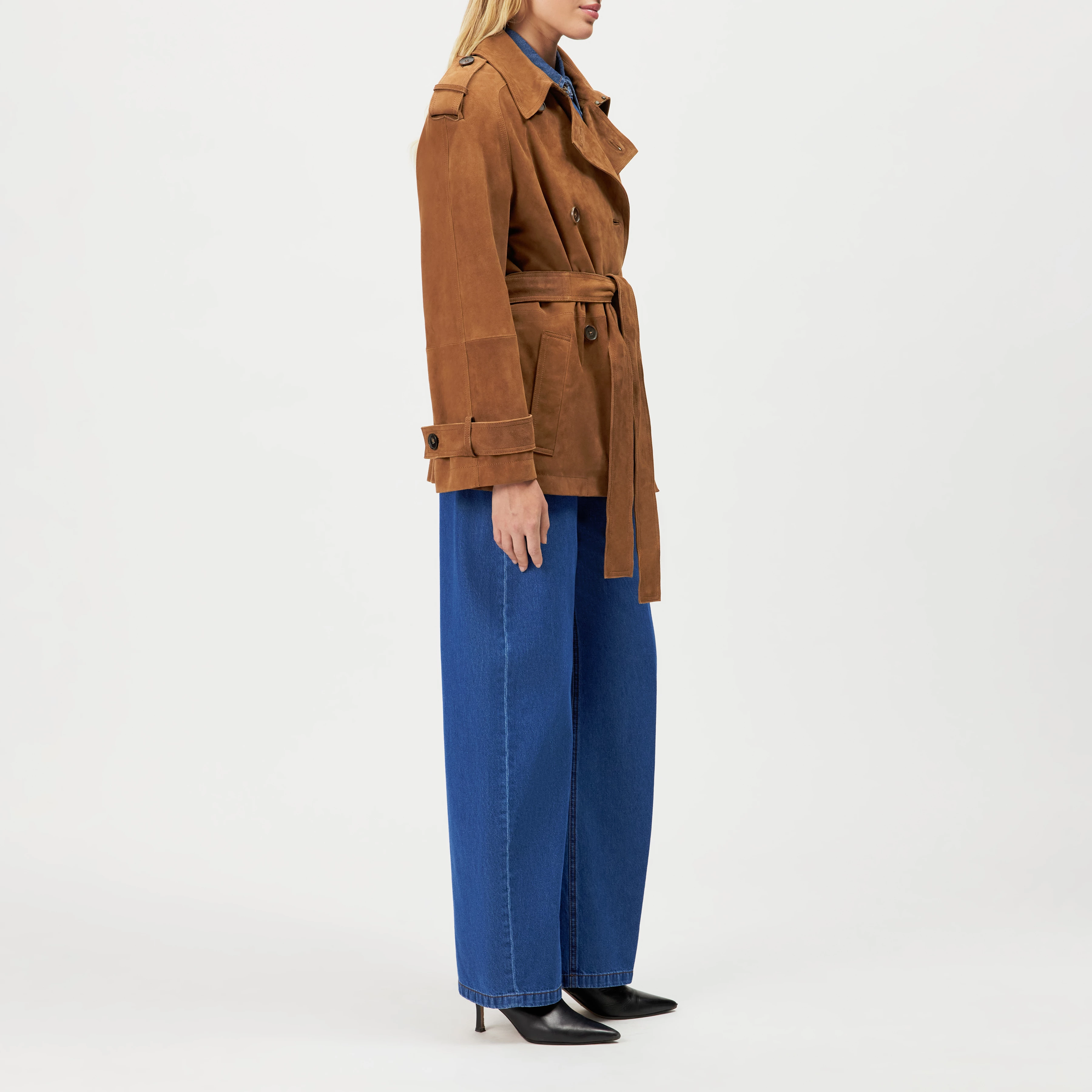 PENLEY - Short matte suede trench coat - women - brown - Seitenansicht