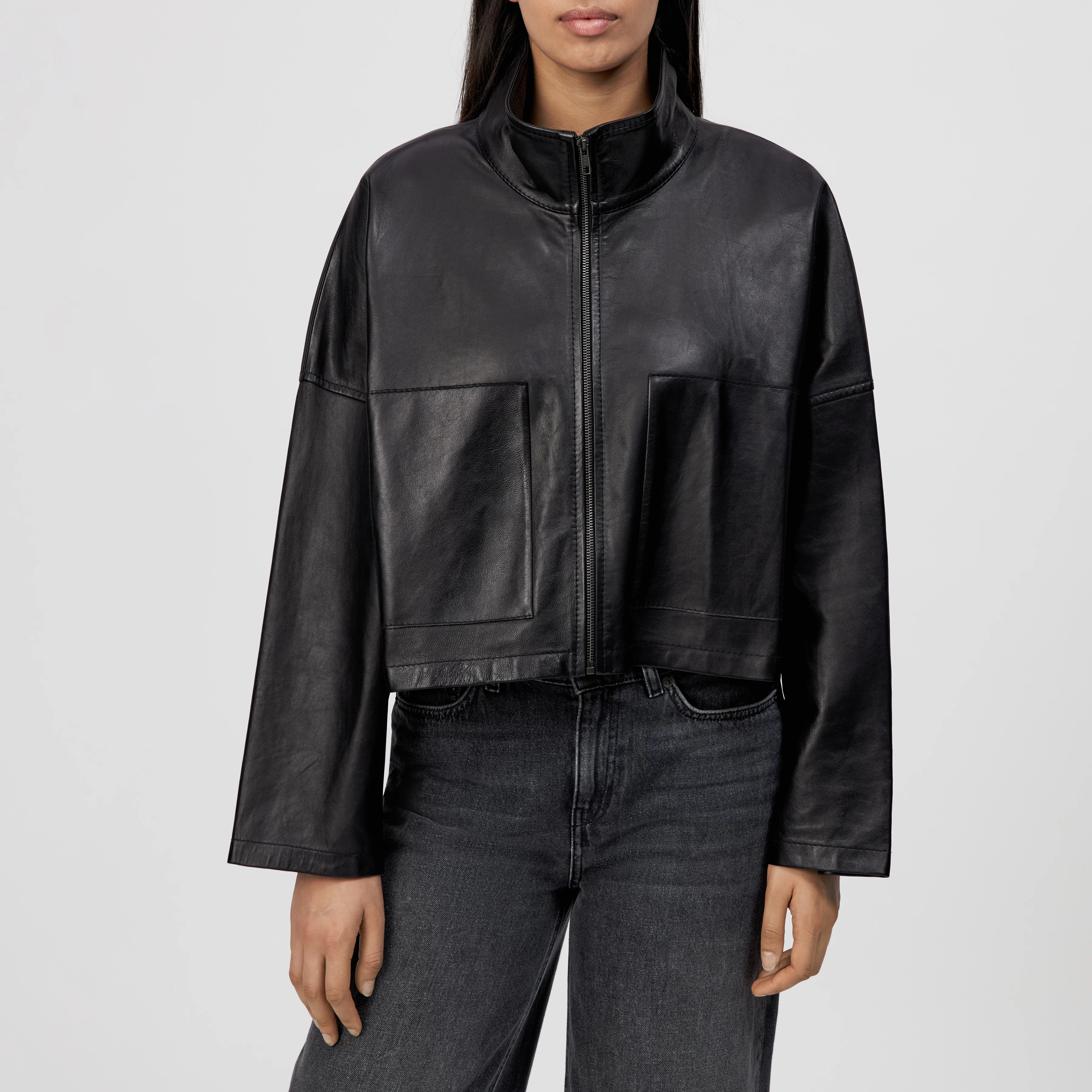 ELSTOW_1 - Oversized Jacke in Nappaleder - Damen - schwarz - Frontansicht