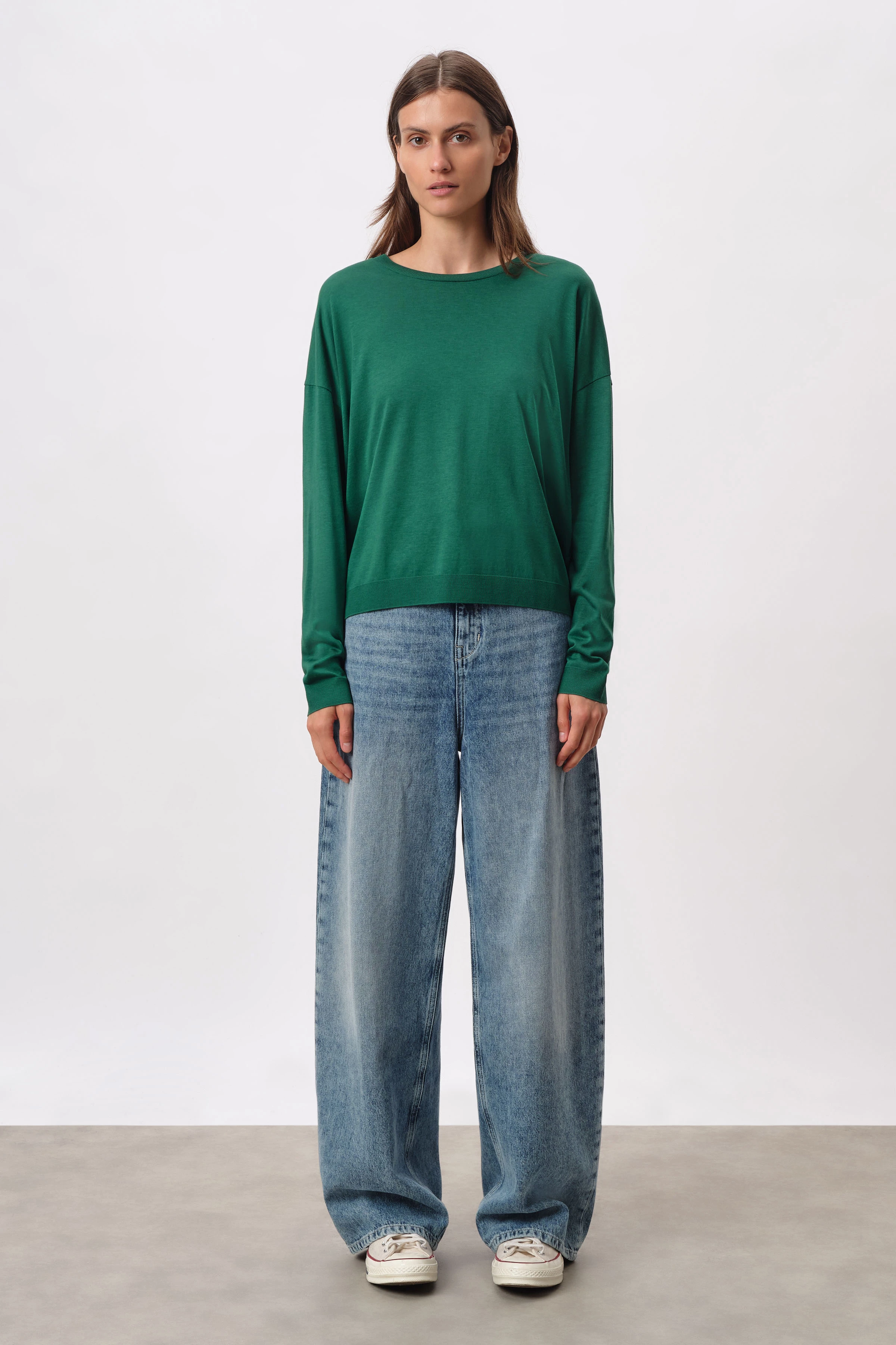 CESIDIE - Longsleeve with round neck in knitted look - women - green - Ganzkörper-Frontansicht