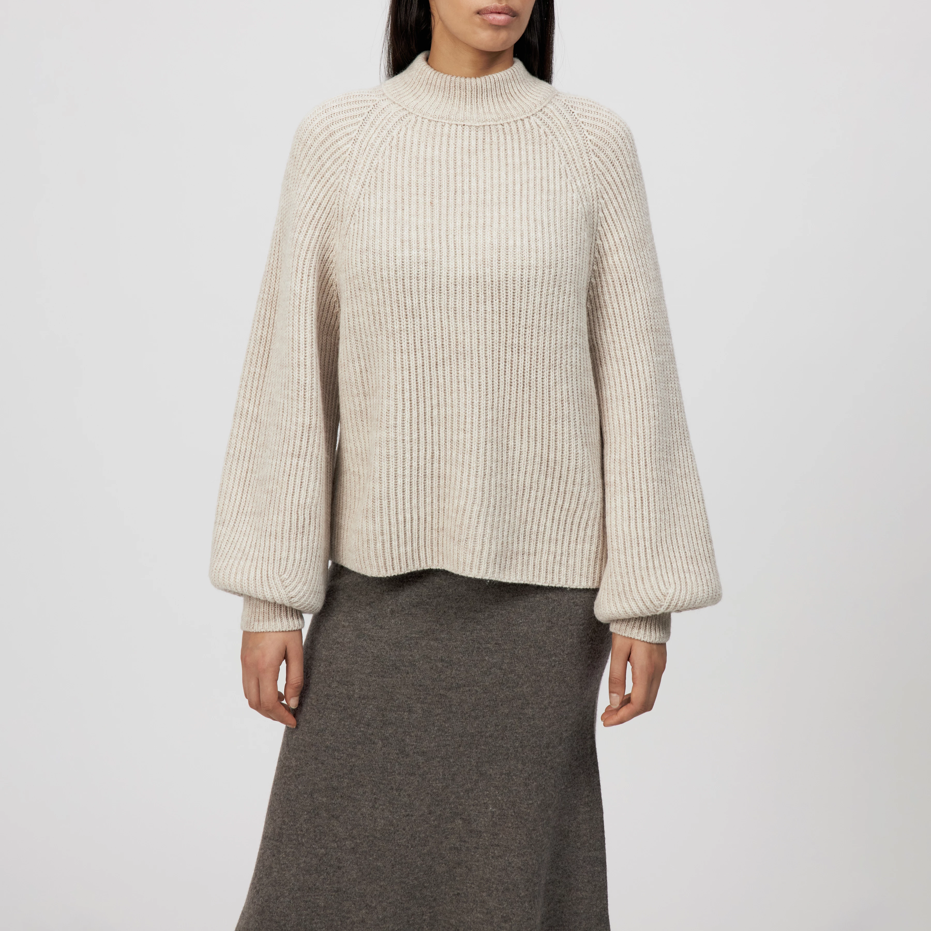 KIMONI - Sweater with balloon sleeves in wool and alpaca blend - women - beige - Frontansicht
