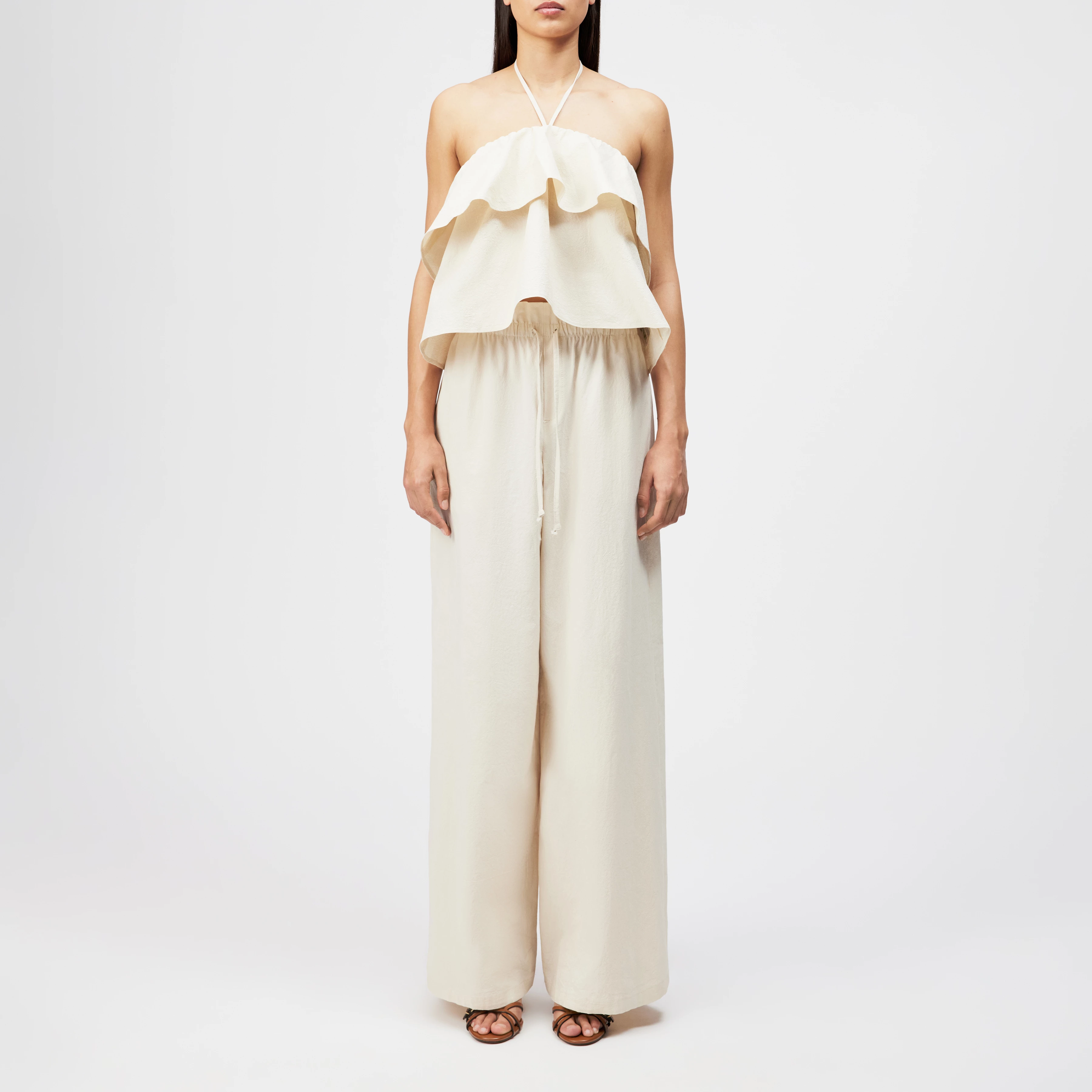 RIVANA - Cropped pure cotton bandeau blouse - women - beige - Ganzkörper-Frontansicht