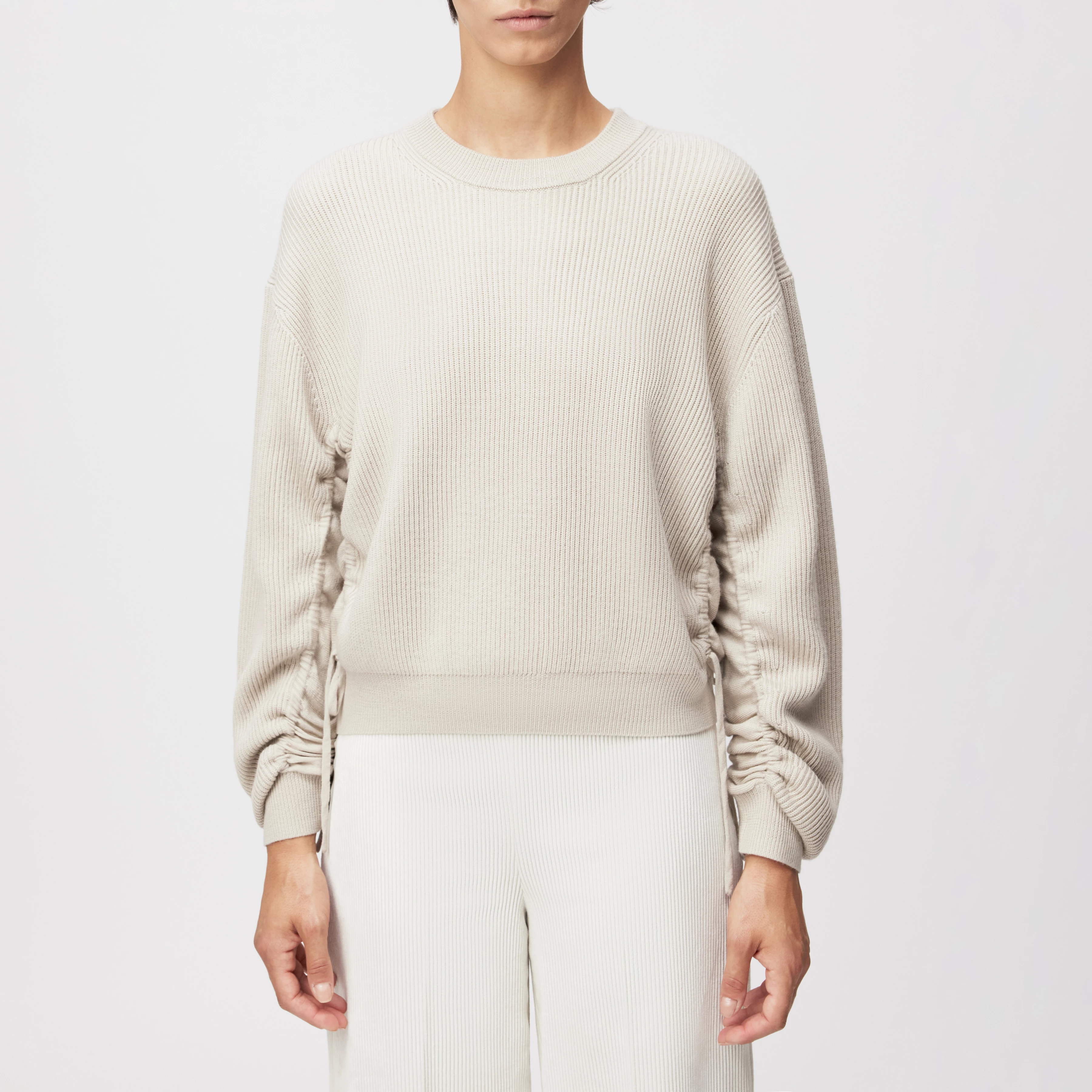 KEBEDI - Jumper with ruffles in 100% merino wool - women - beige - Frontansicht