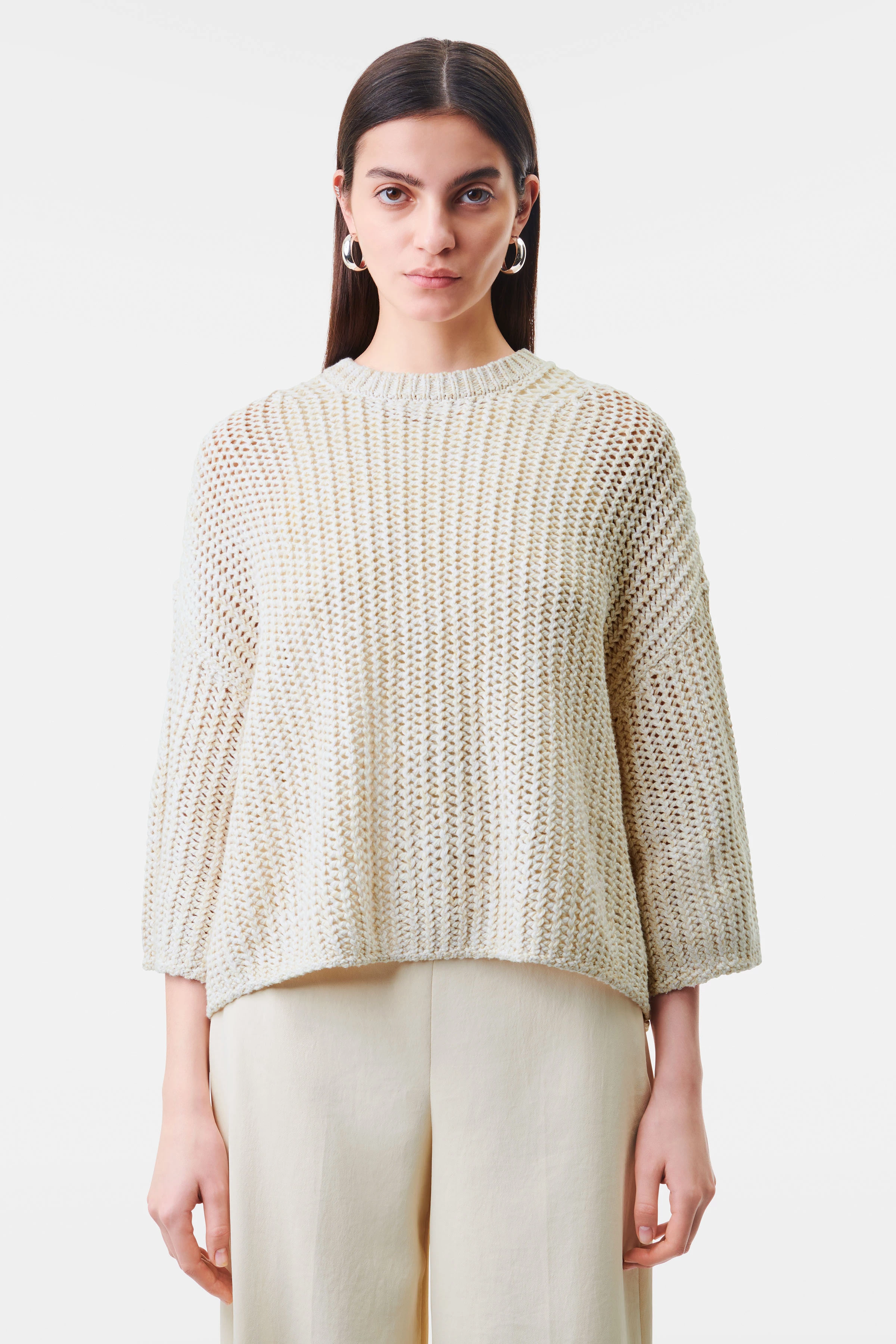 NILAY - Oversized knitted T-shirt in mouliné cotton yarn - women - beige - Frontansicht
