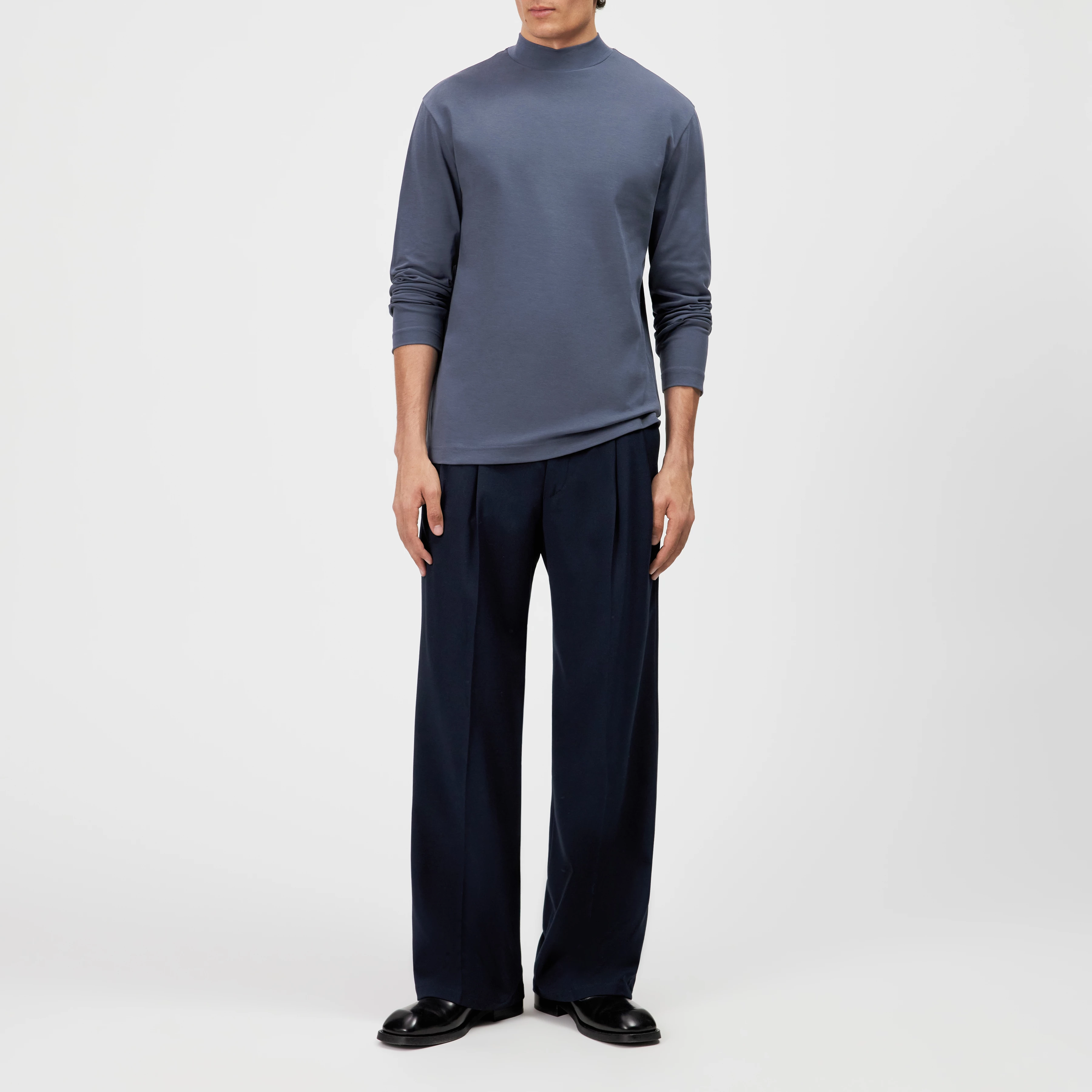 MORITZO - Long-sleeved top with stand-up collar in stretch cotton - men - blue - Ganzkörper-Frontansicht