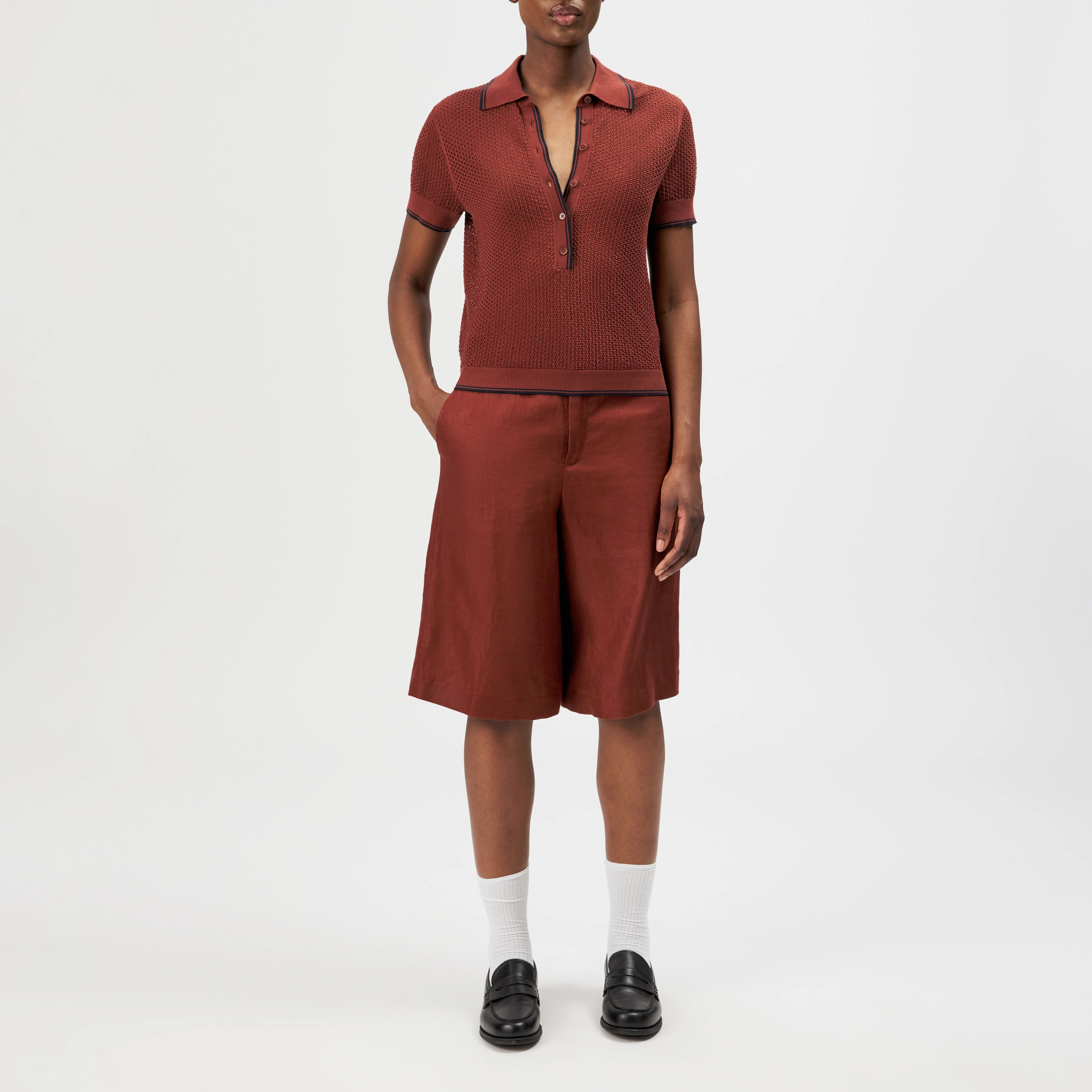 MEROPE - Short-sleeve knit polo in pure cotton - women - red - Ganzkörper-Frontansicht