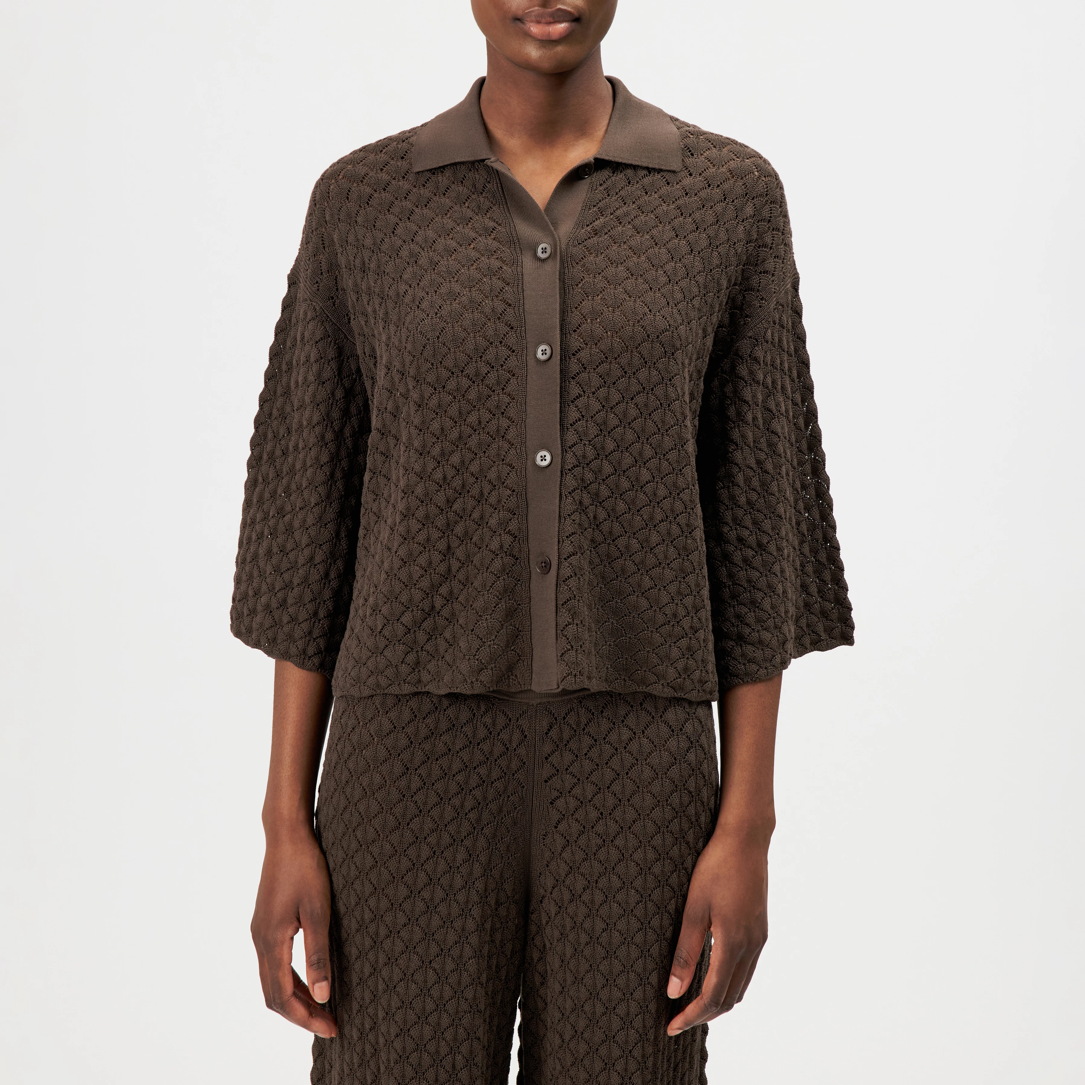 LOYSIA - Cropped overshirt in textured fine knit look - women - brown - Frontansicht