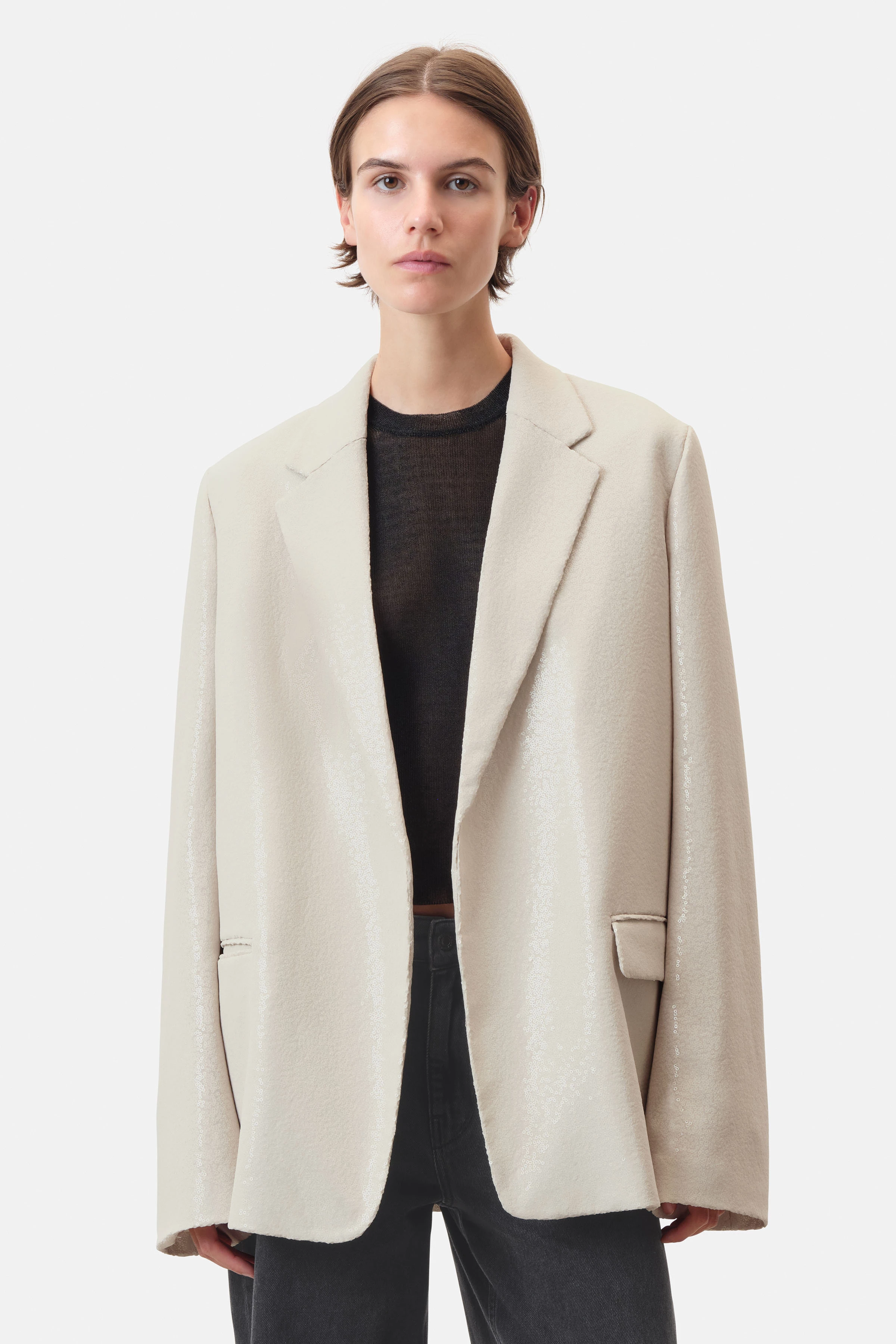 IDBURY - Verschlussloser Boyfriend-Blazer in Chiffon - Damen - beige - Frontansicht