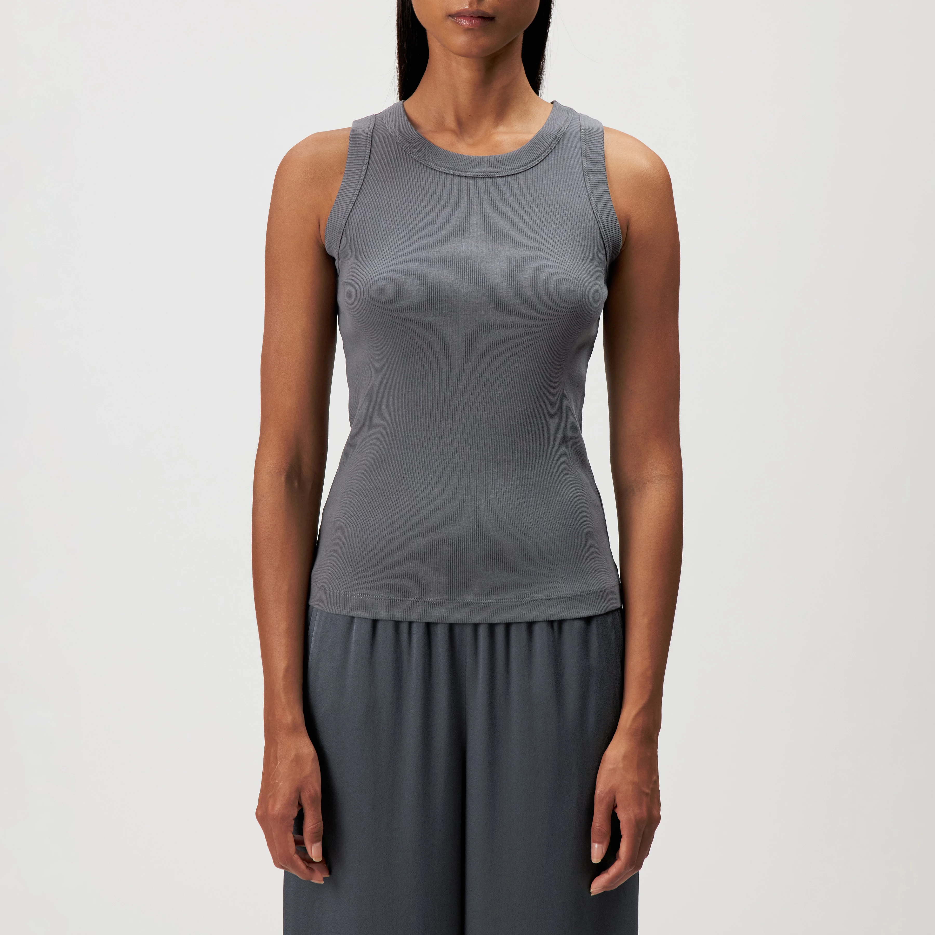 OLINA - Cotton ribbed crew neck tank top - women - grey - Frontansicht