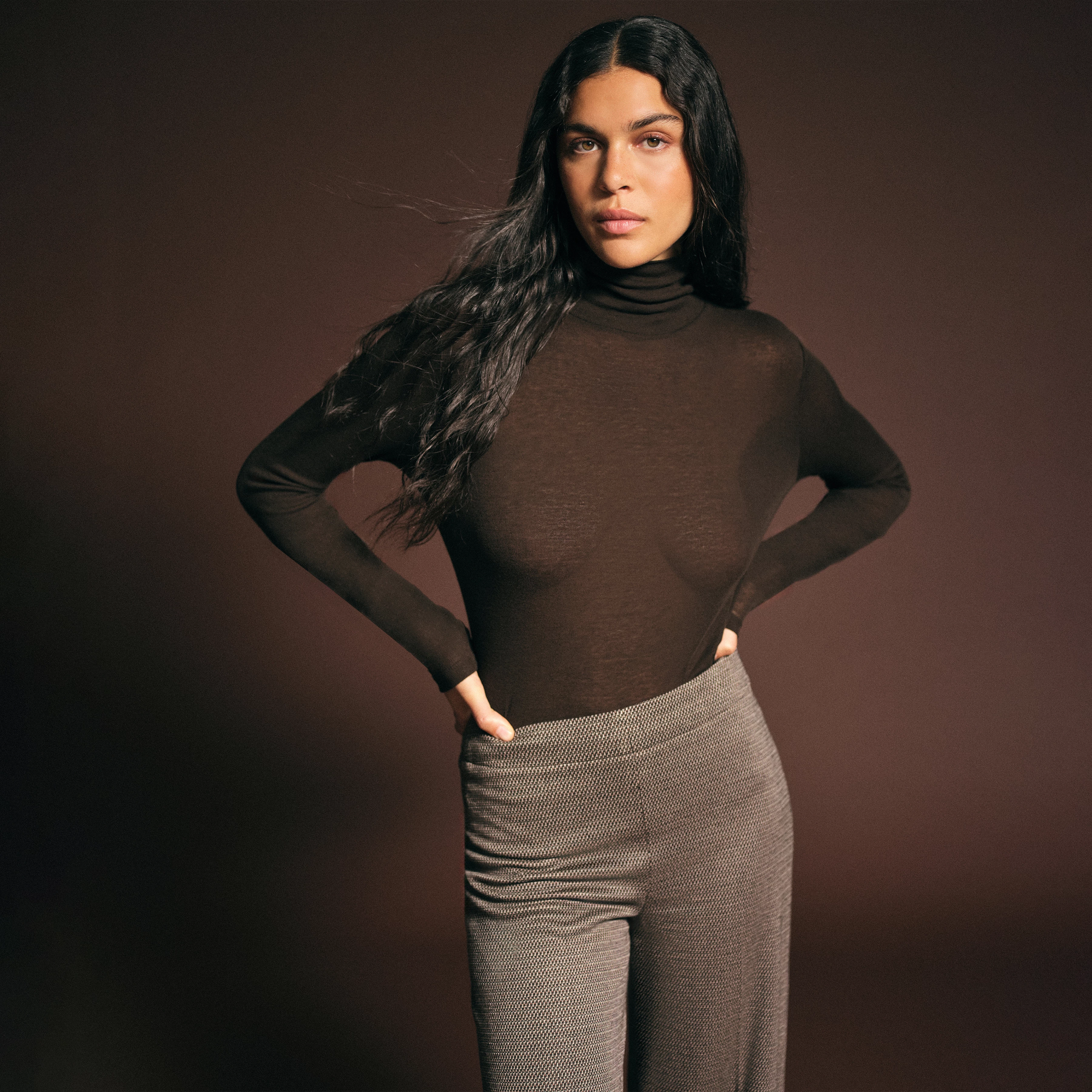 ZERAFNE - Schmales Longsleeve in Lyocell-Wolle-Mix - Damen - braun