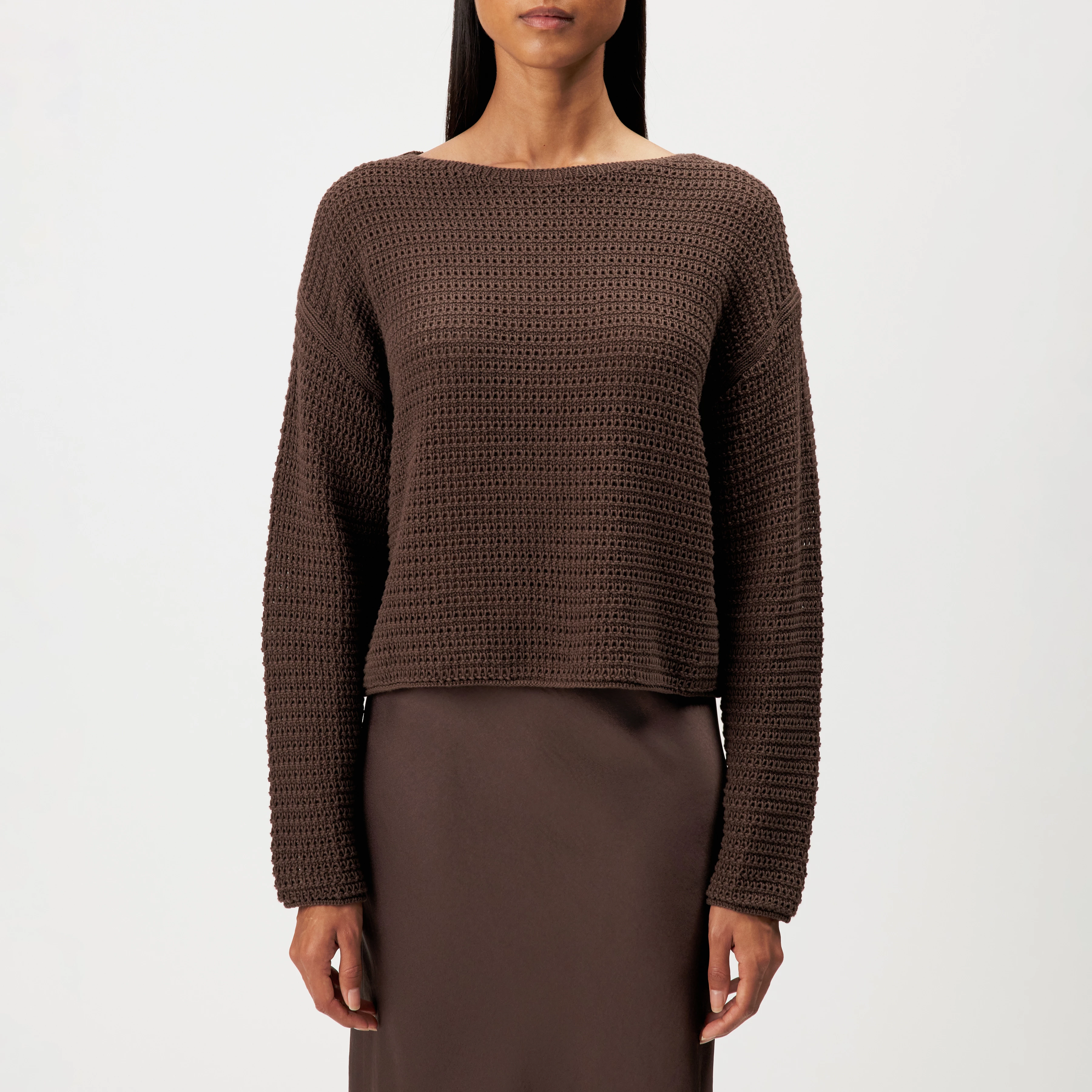 IMENIA_2 - Oversized Cropped Pullover in Grobstrick - Damen - braun - Frontansicht
