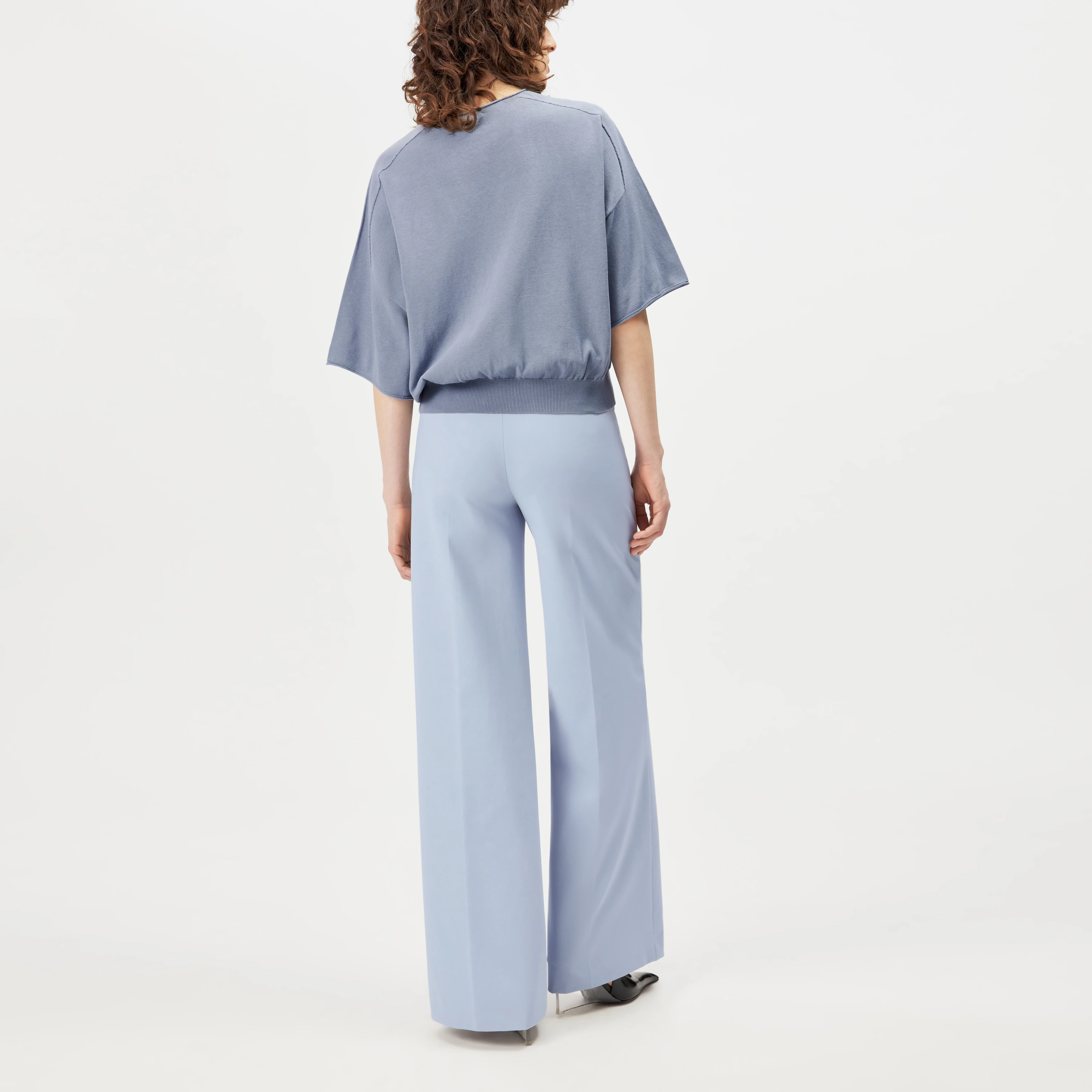 DILARY - Casual gebreid T-shirt in crêpe katoen - dames - blauw - Rückansicht