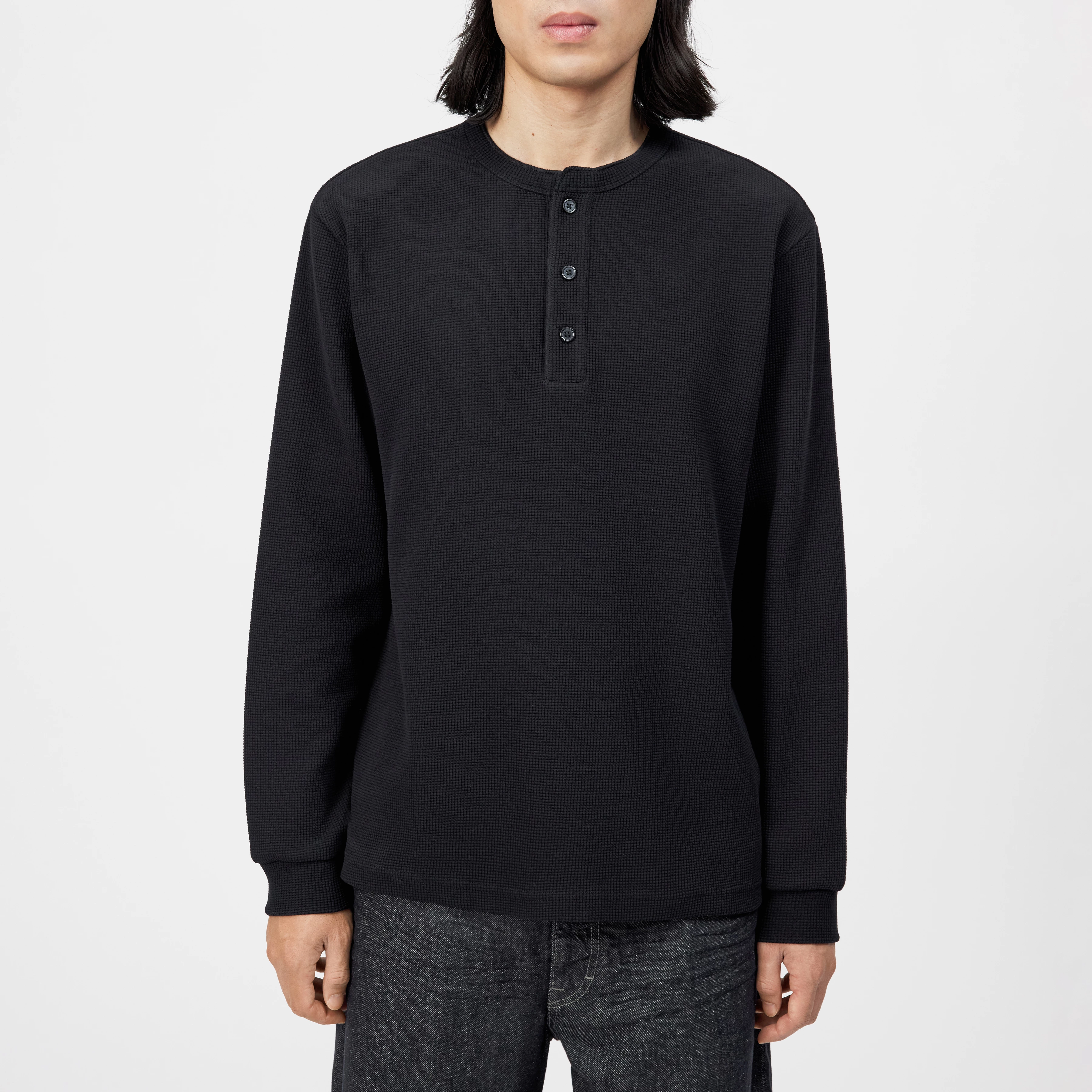 KILANO - Long-sleeved top with button placket in textured fabric - men - Natural Aluminium - Frontansicht