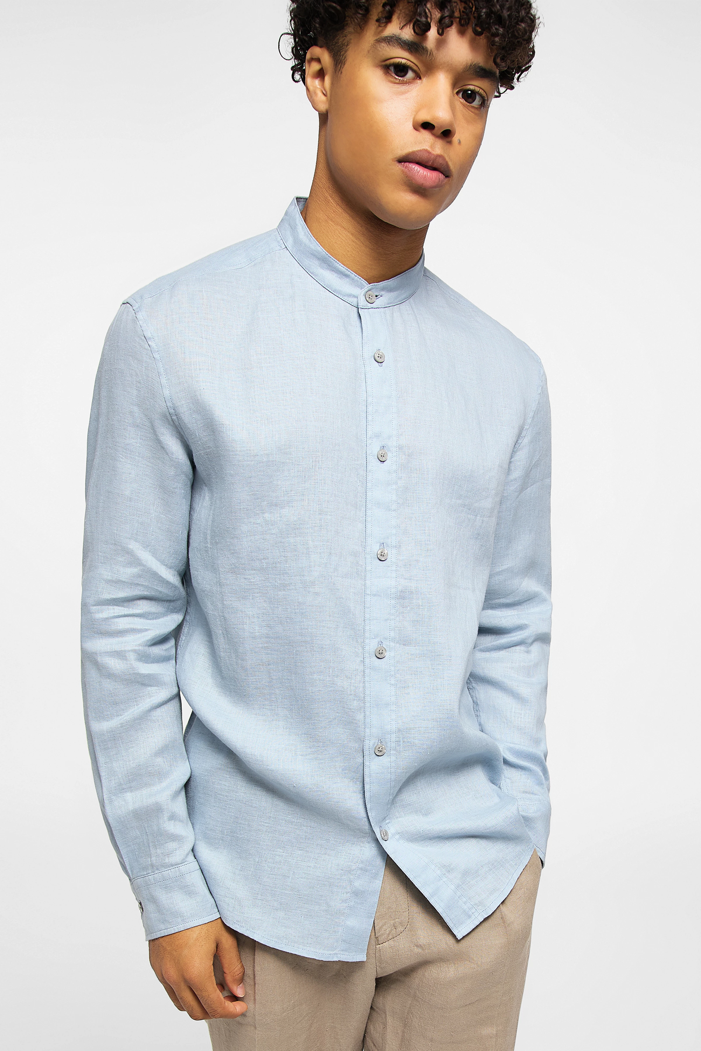 TAROK - overhemd met opstaande kraag van zuiver linnen - heren - blauw - Frontansicht