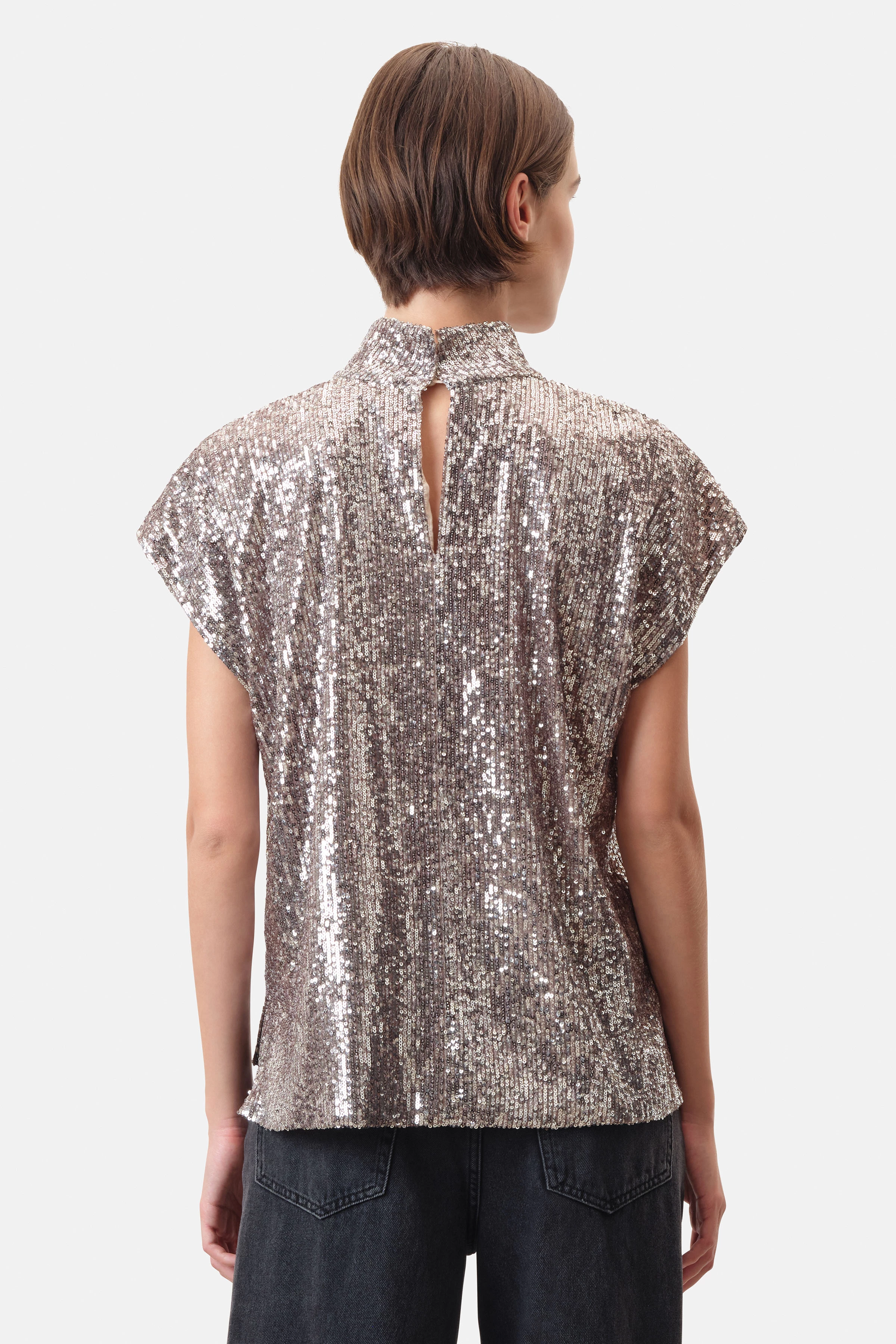 ALARIA_1 - Shirt-Bluse mit Stehkragen in bedruckter Paillette - Damen - grau - Rückansicht