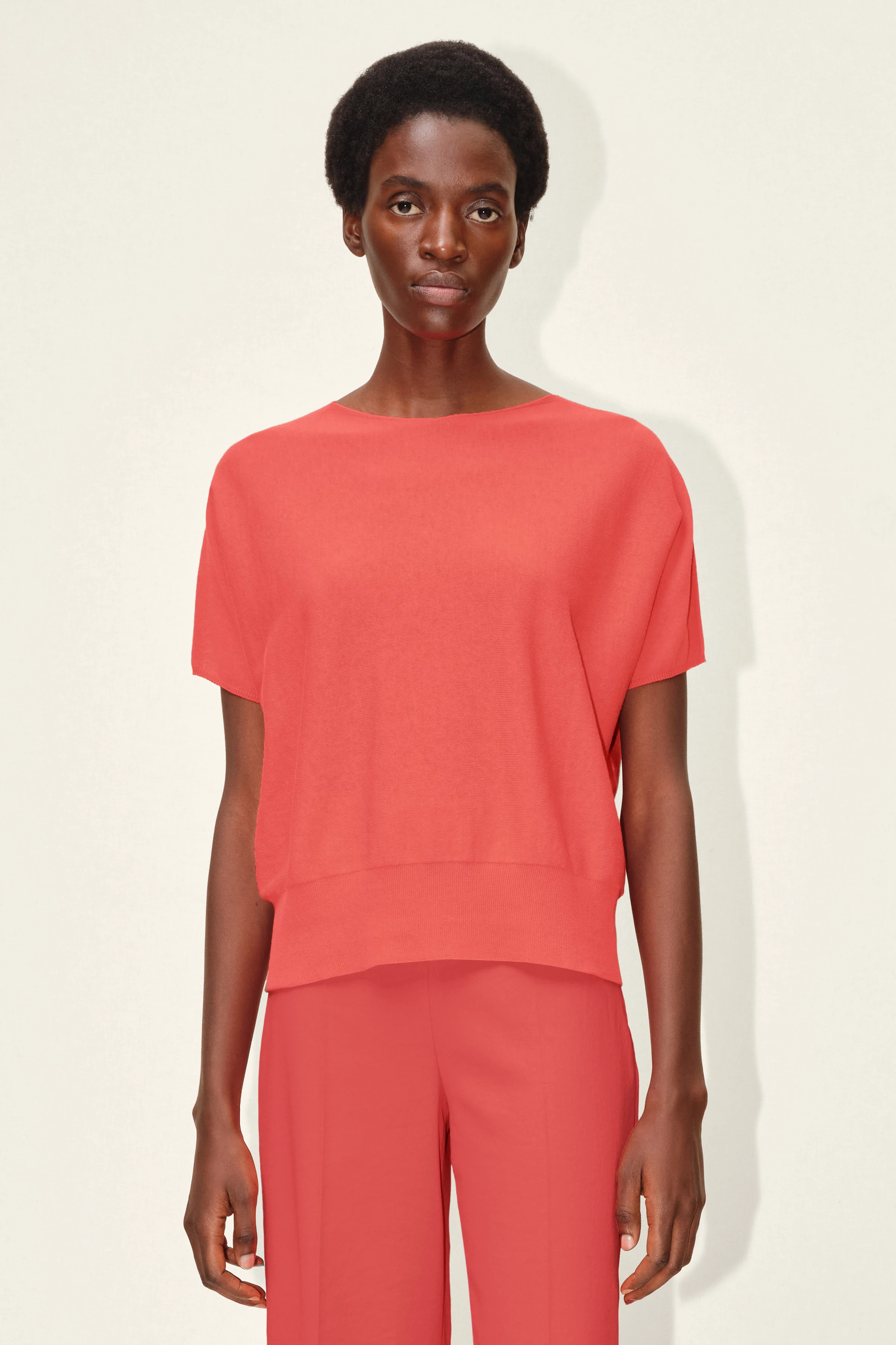 SOMELI - Strick-T-Shirt aus Baumwoll-Crêpe - Damen - orange - Frontansicht