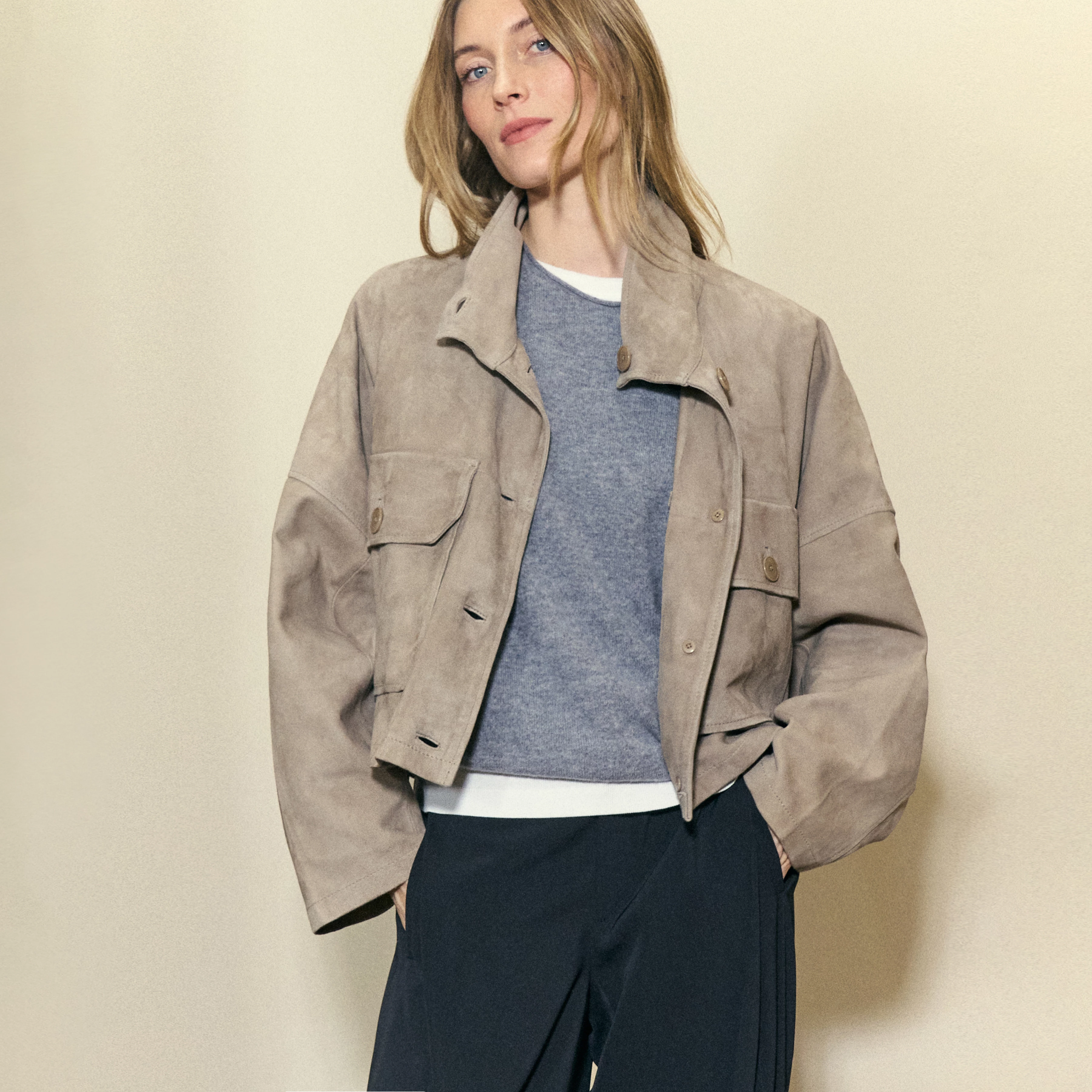 ARKLOW - Short leather jacket with stand-up collar - women - beige
