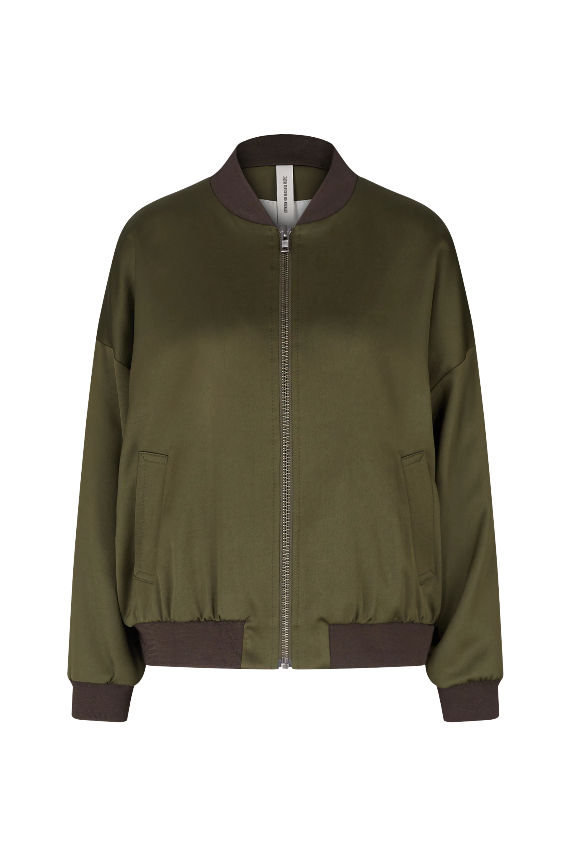 JANWYN - college jas in satijn - dames - bruin - Freisteller Frontansicht