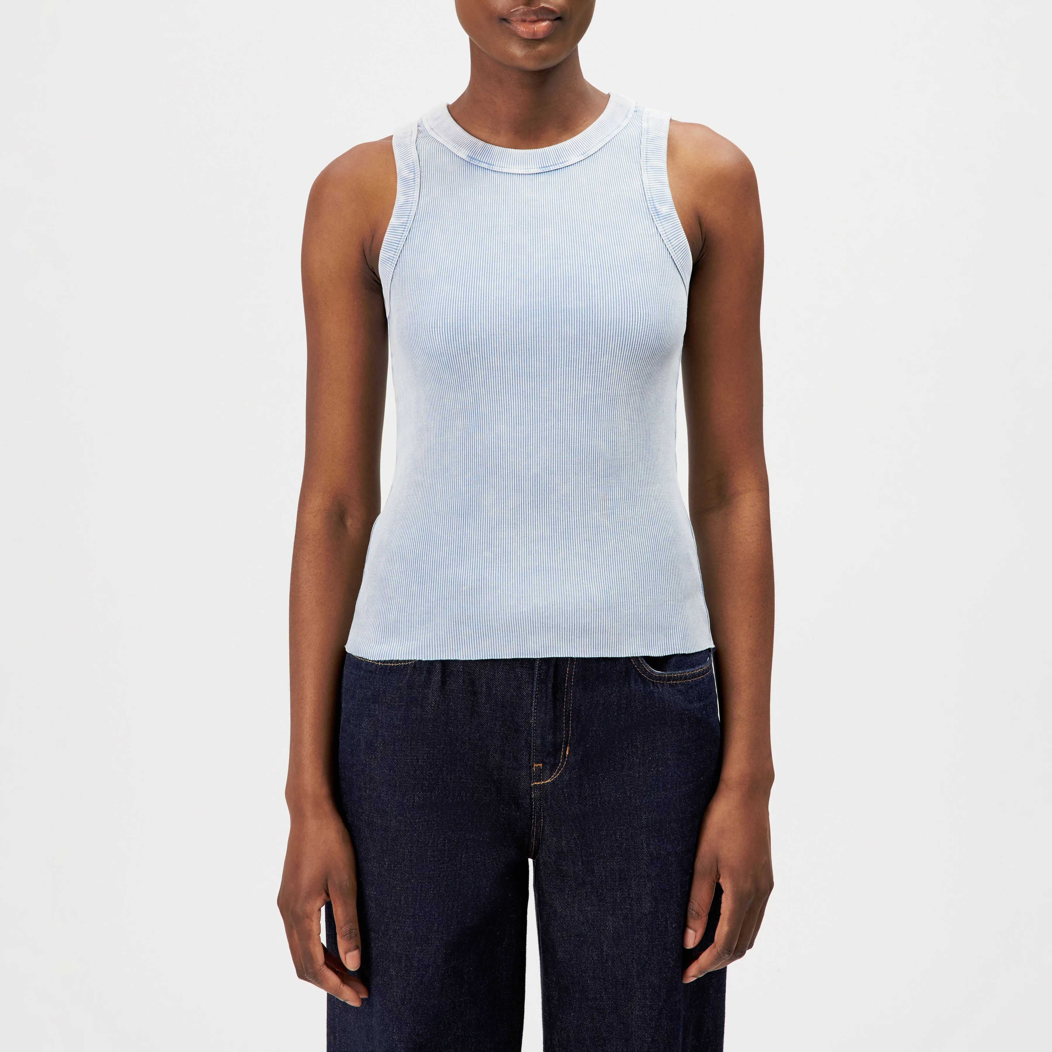 OLINA - Washed cotton round neck tank top - women - blue - Frontansicht
