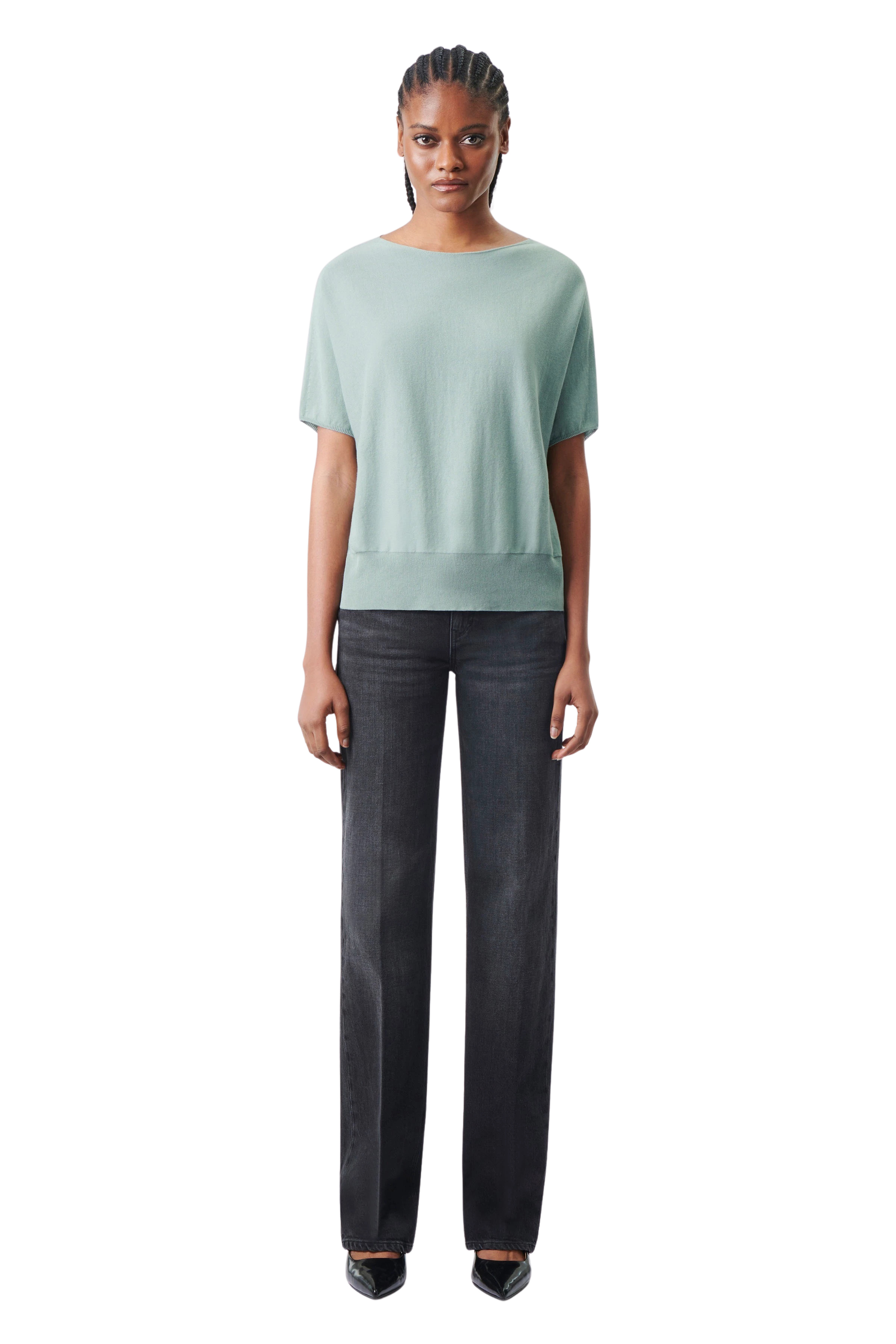 SOMELI - Strick-T-Shirt in Baumwoll-Crêpe - Damen - grün - Ganzkörper-Frontansicht