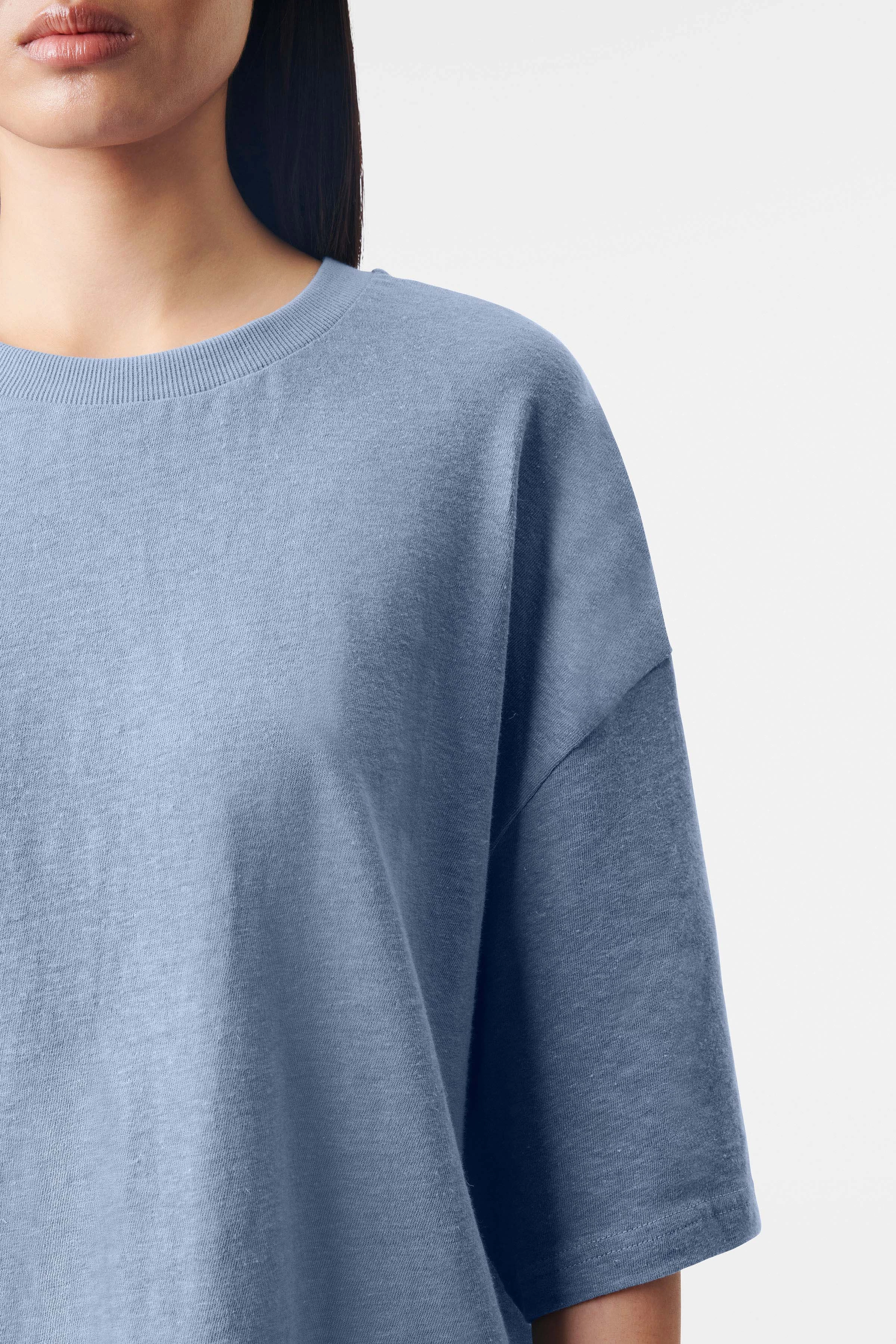 LILANI - Verkürztes T-Shirt in Leinen-Baumwoll-Mix - Damen - blau - Seitenansicht