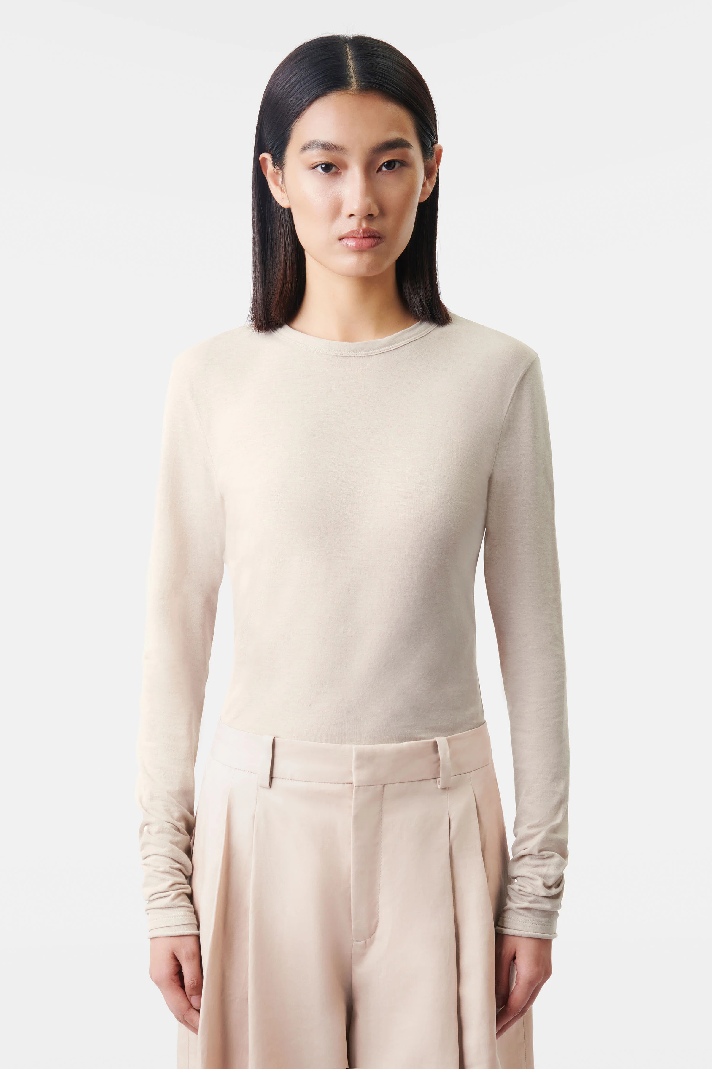 LISLY - Schmales Longsleeve in Baumwoll-Jersey - Damen - beige - Frontansicht