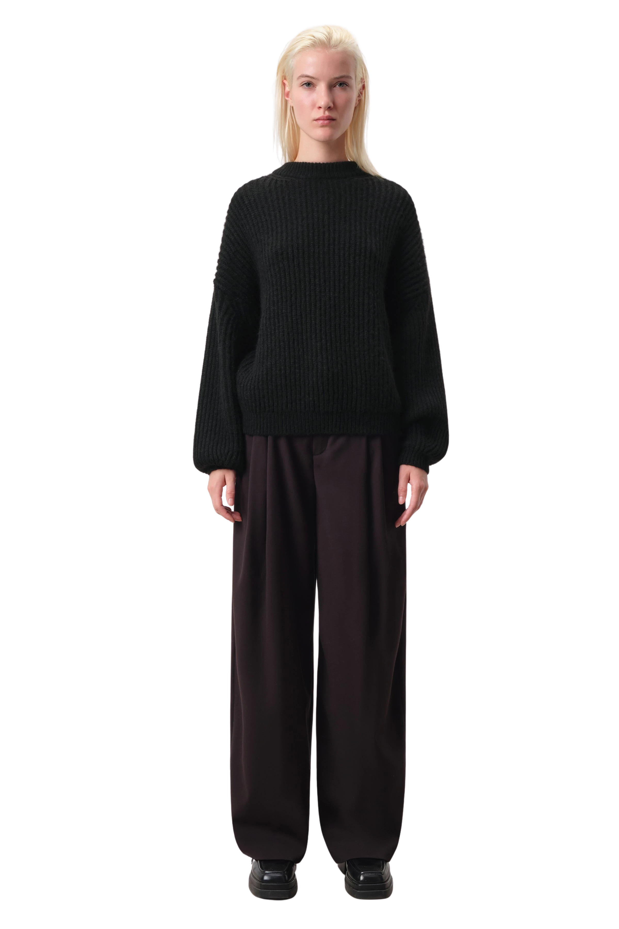 RAMEA - Round-neck jumper with balloon sleeves in alpaca blend - women - Natural Aluminium - Ganzkörper-Frontansicht
