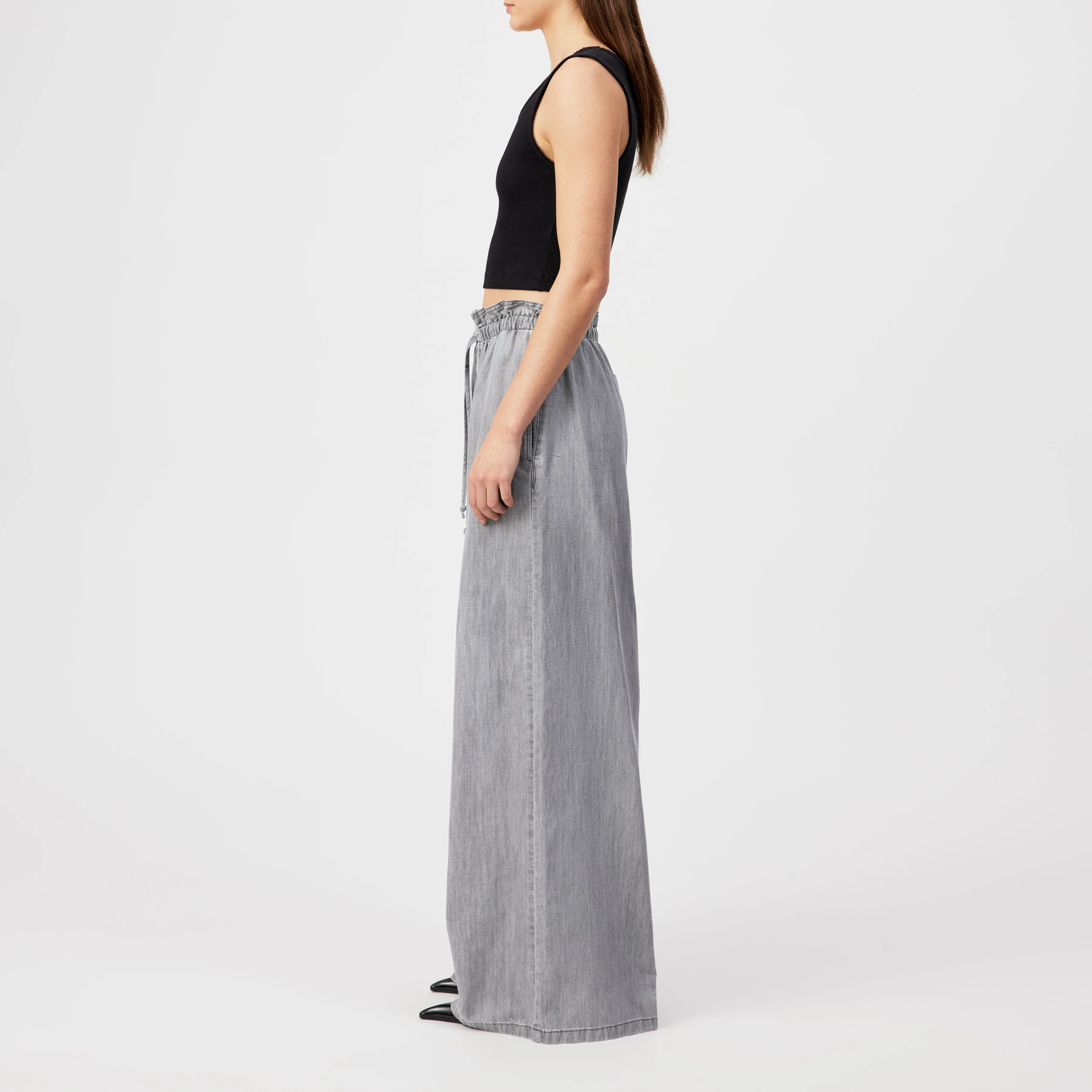 DWINDLE - Paperbag denim trousers in pure cotton - women - grey - Seitenansicht