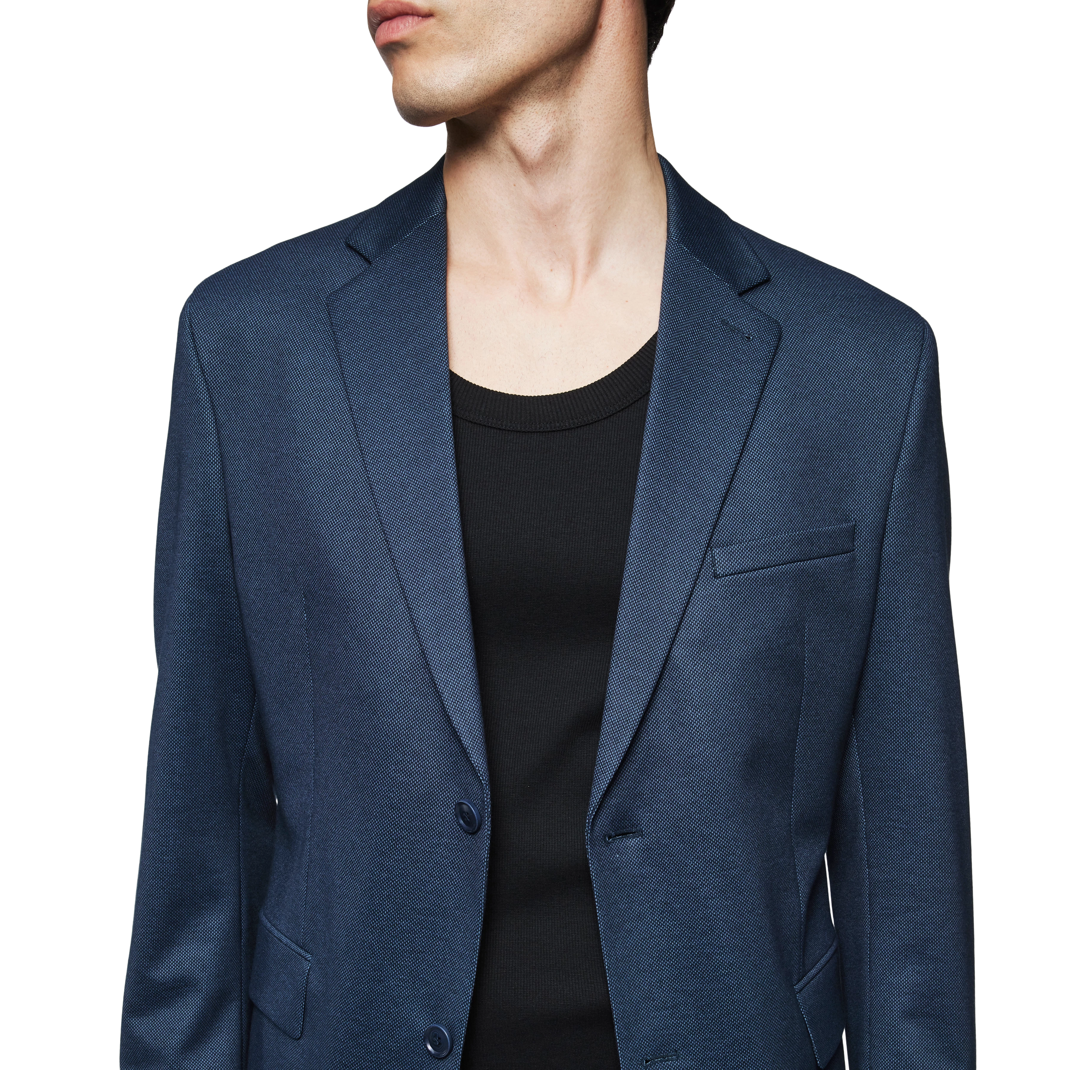YAMES - Single-breasted jacket in jersey with pattern - men - blue - Detailansicht am Model