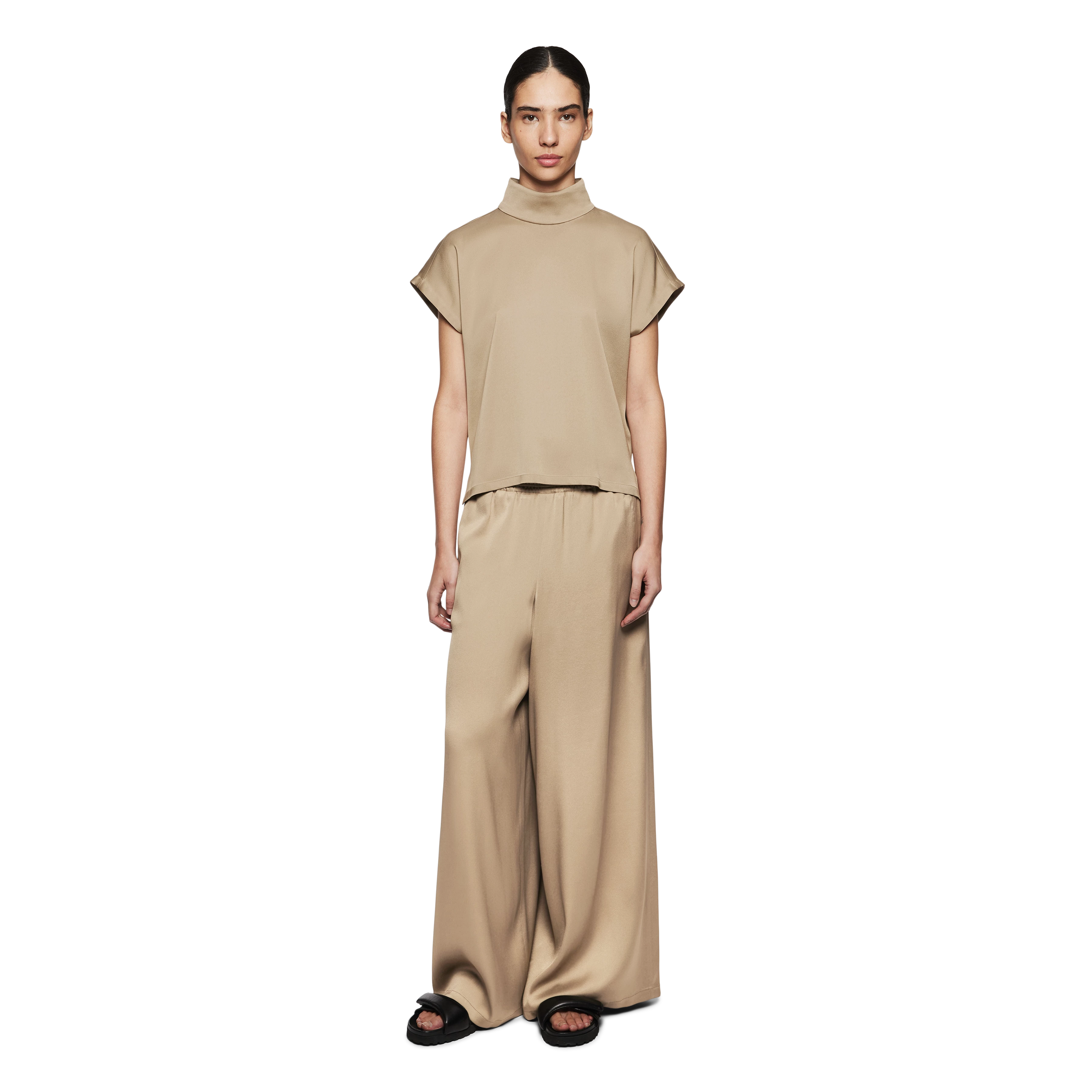 ALARIA_1 - Shirt blouse with stand-up collar in satin - women - brown - Ganzkörper-Frontansicht