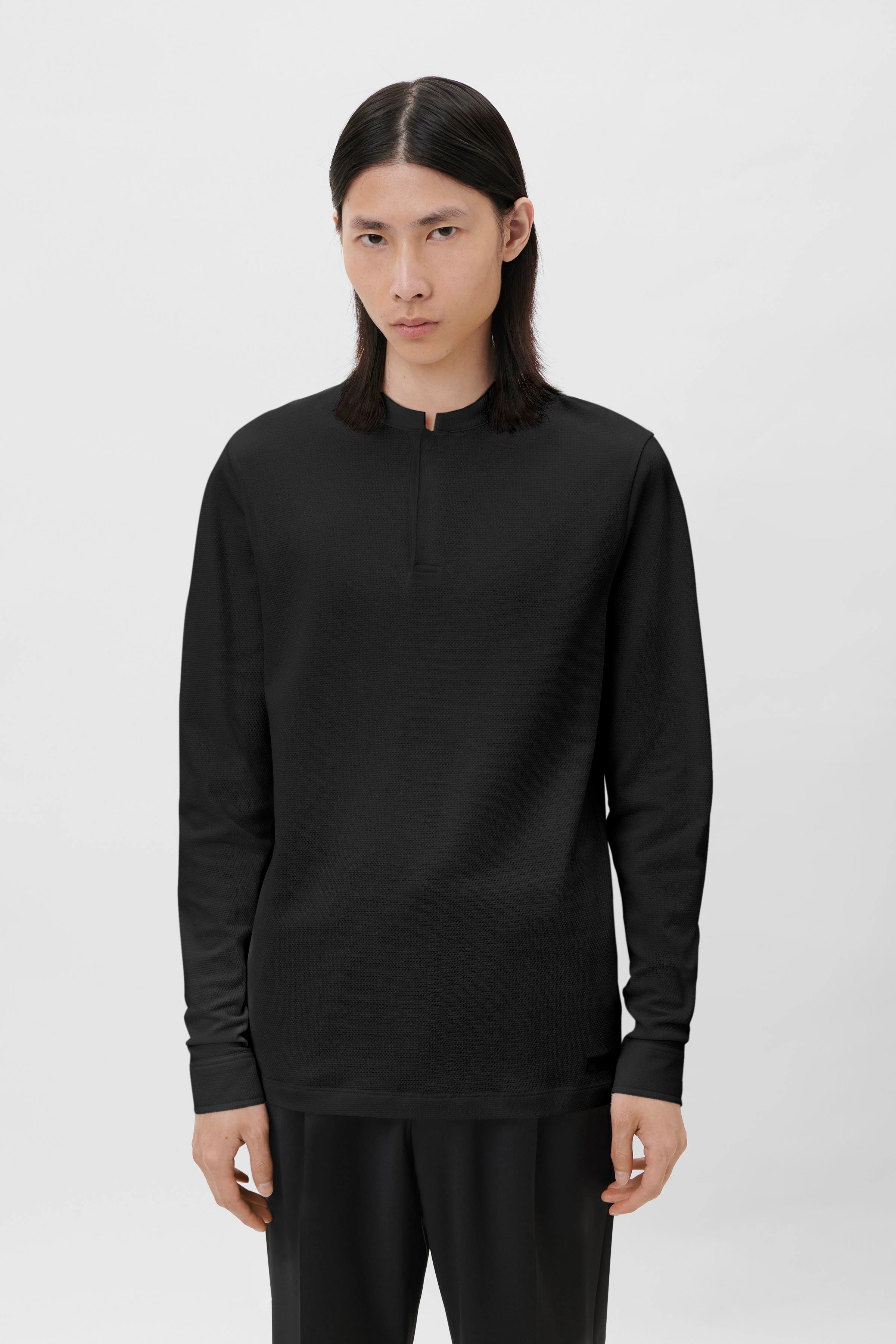 KENO - Longsleeve met piquétextuur - heren - zwart - Frontansicht