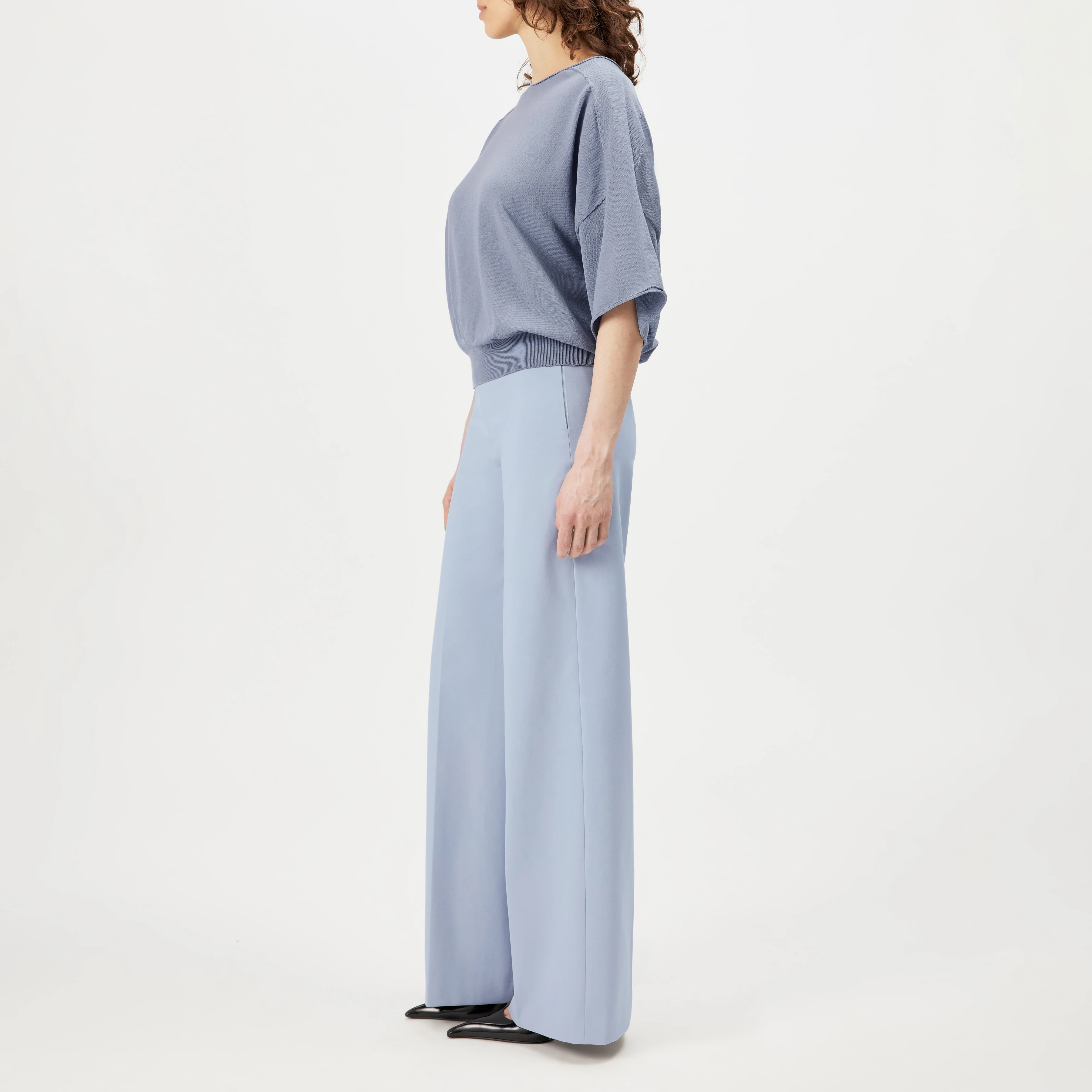 DILARY - Casual gebreid T-shirt in crêpe katoen - dames - blauw - Seitenansicht