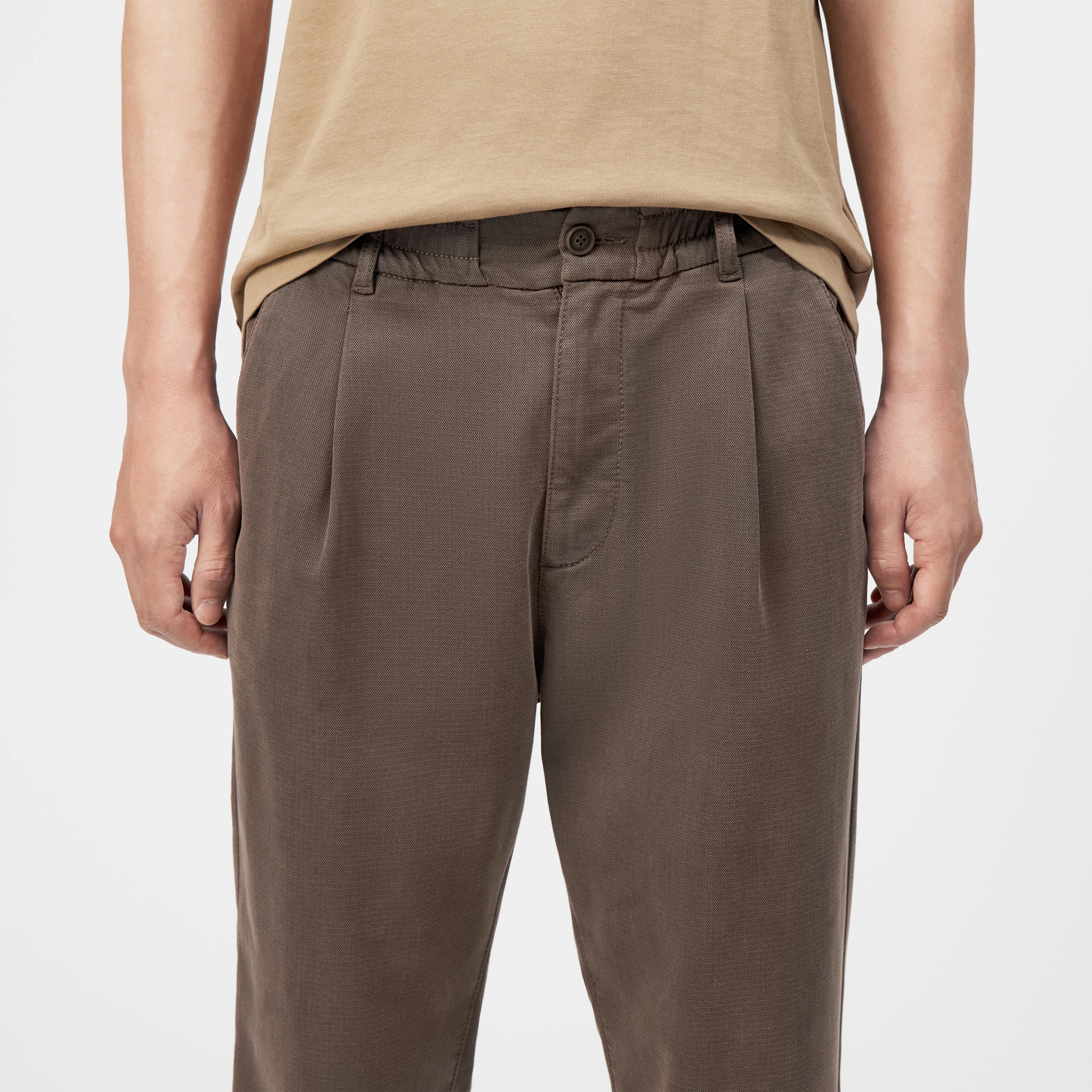 CHASY_RGLR - Casual trousers with pleats in a lyocell-cotton blend - men - brown - Detailansicht am Model