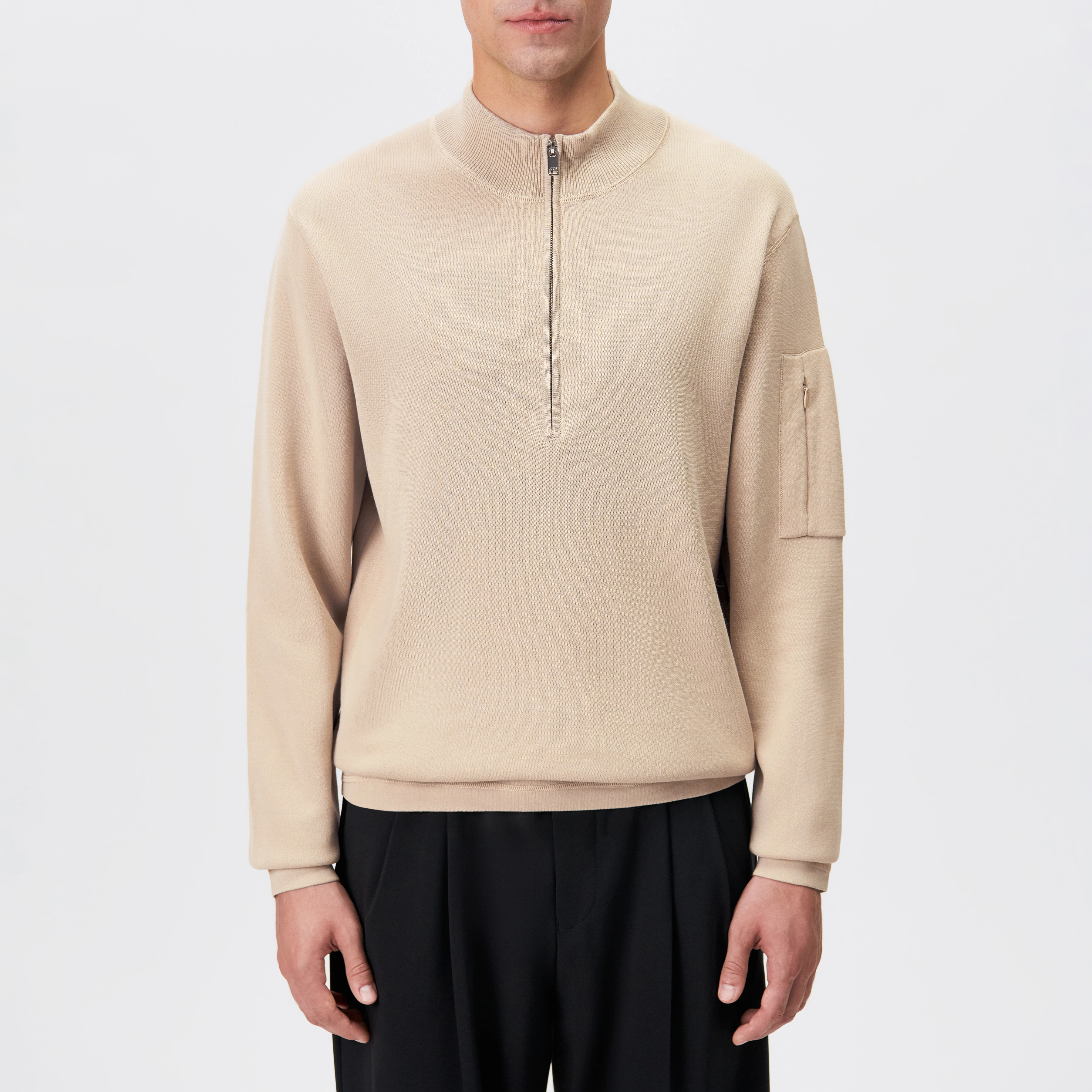 TARVIK - Half-zip jumper with stand collar in pure wool - men - beige - Frontansicht