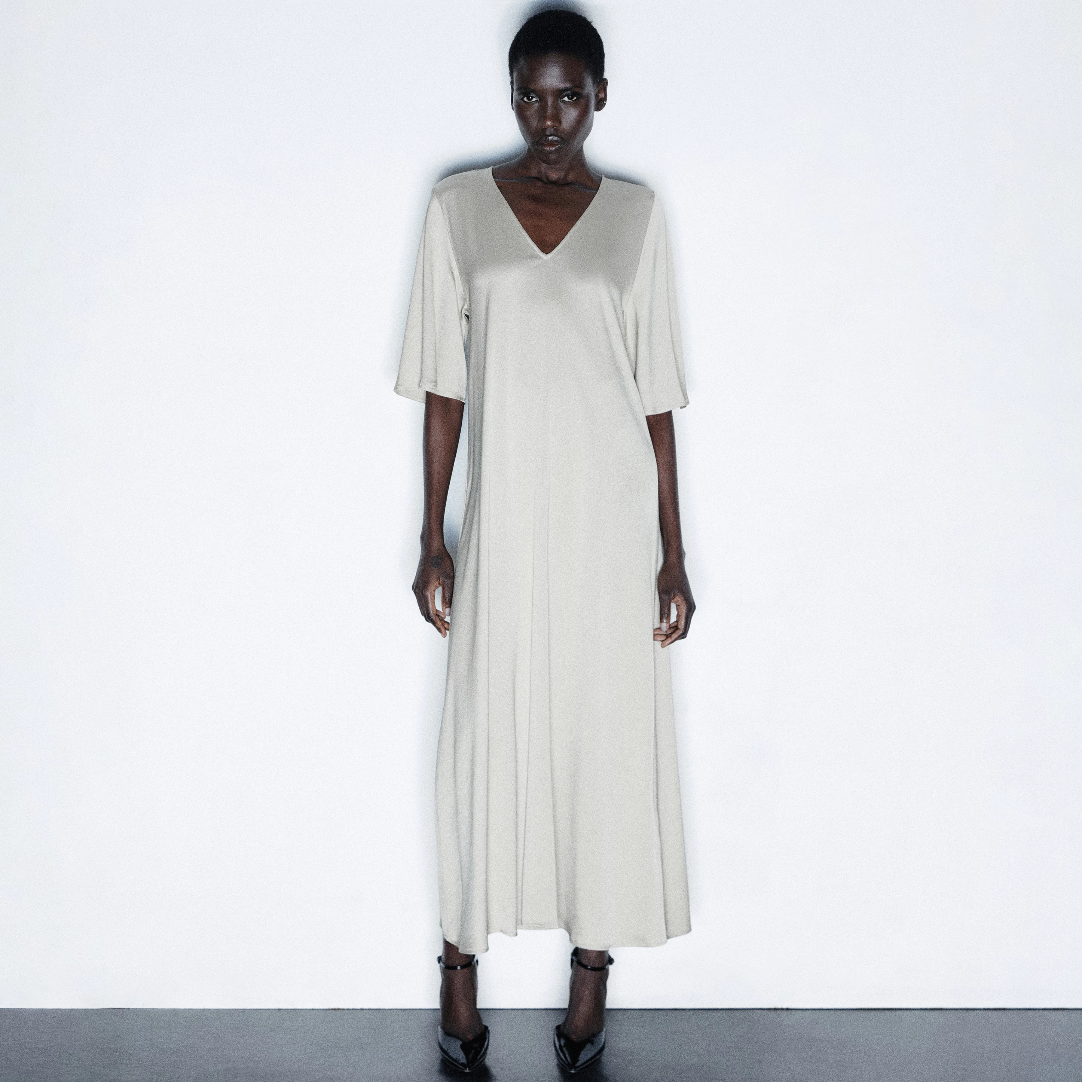 TIVONA - Satin maxi dress with short sleeves - women - beige