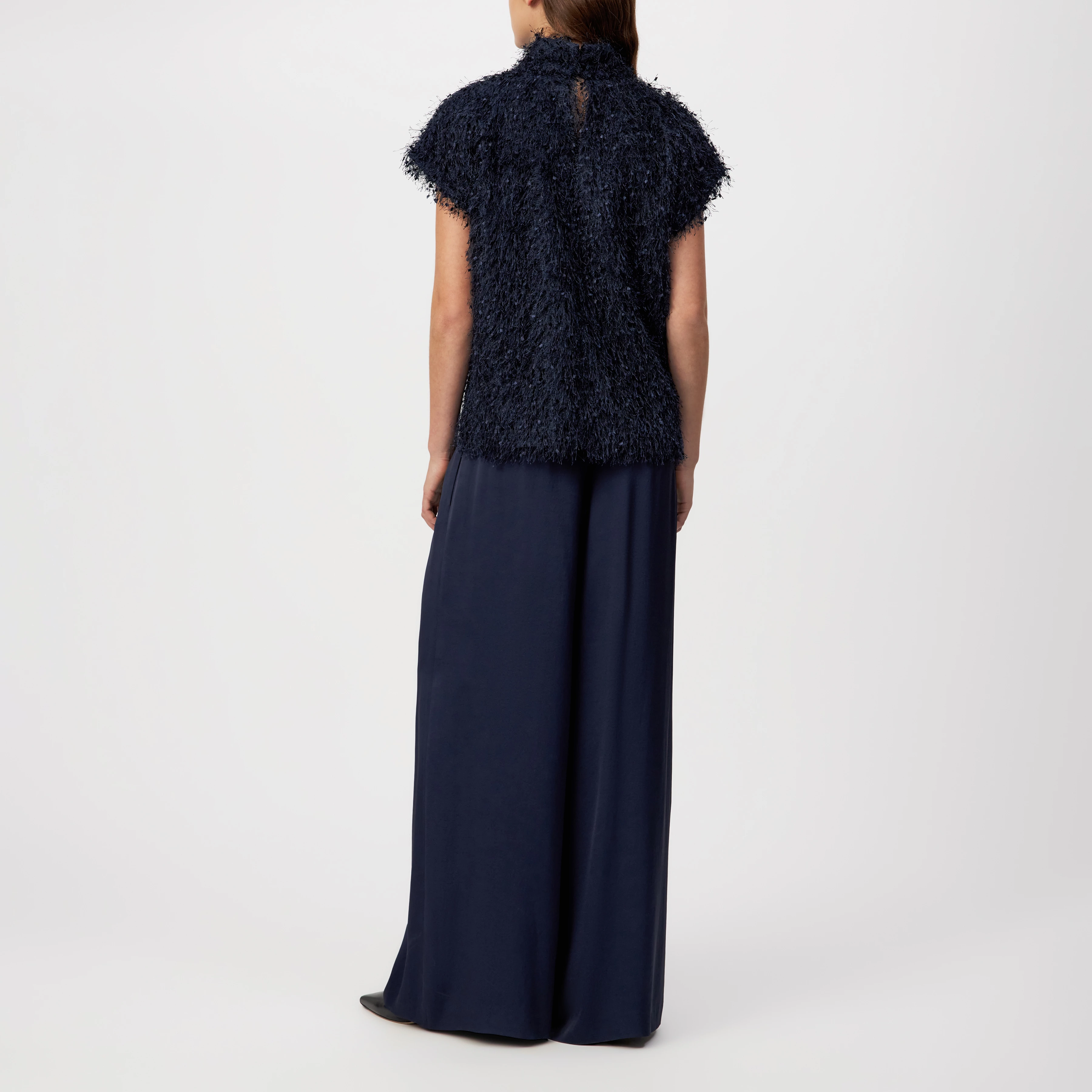 ALARIA_1 - Shirt-Bluse mit Stehkragen in Fransenoptik - Damen - blau - Rückansicht