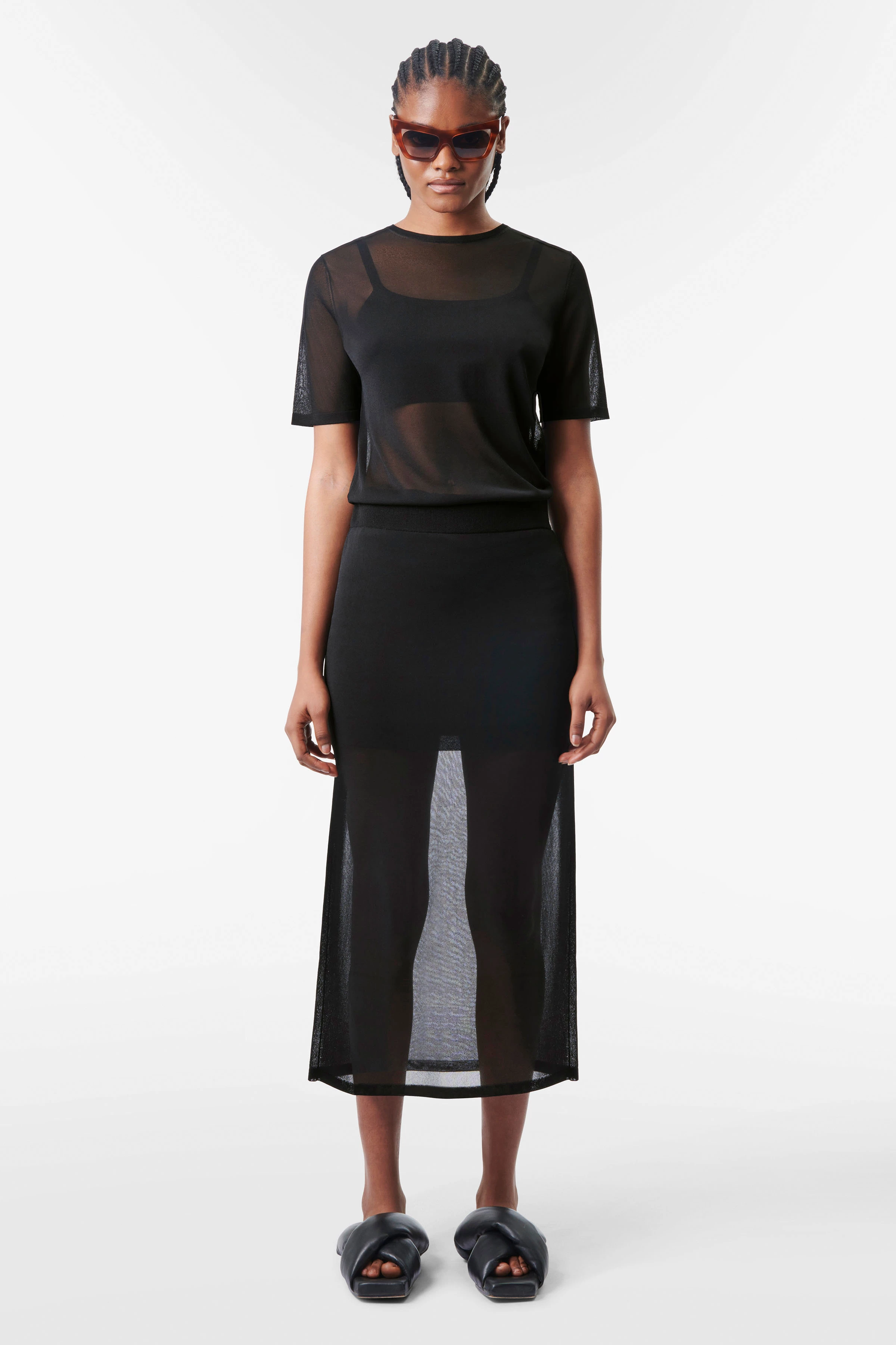 NELANA - midi knitted skirt in viscose mix - women - Natural Aluminium - Ganzkörper-Frontansicht