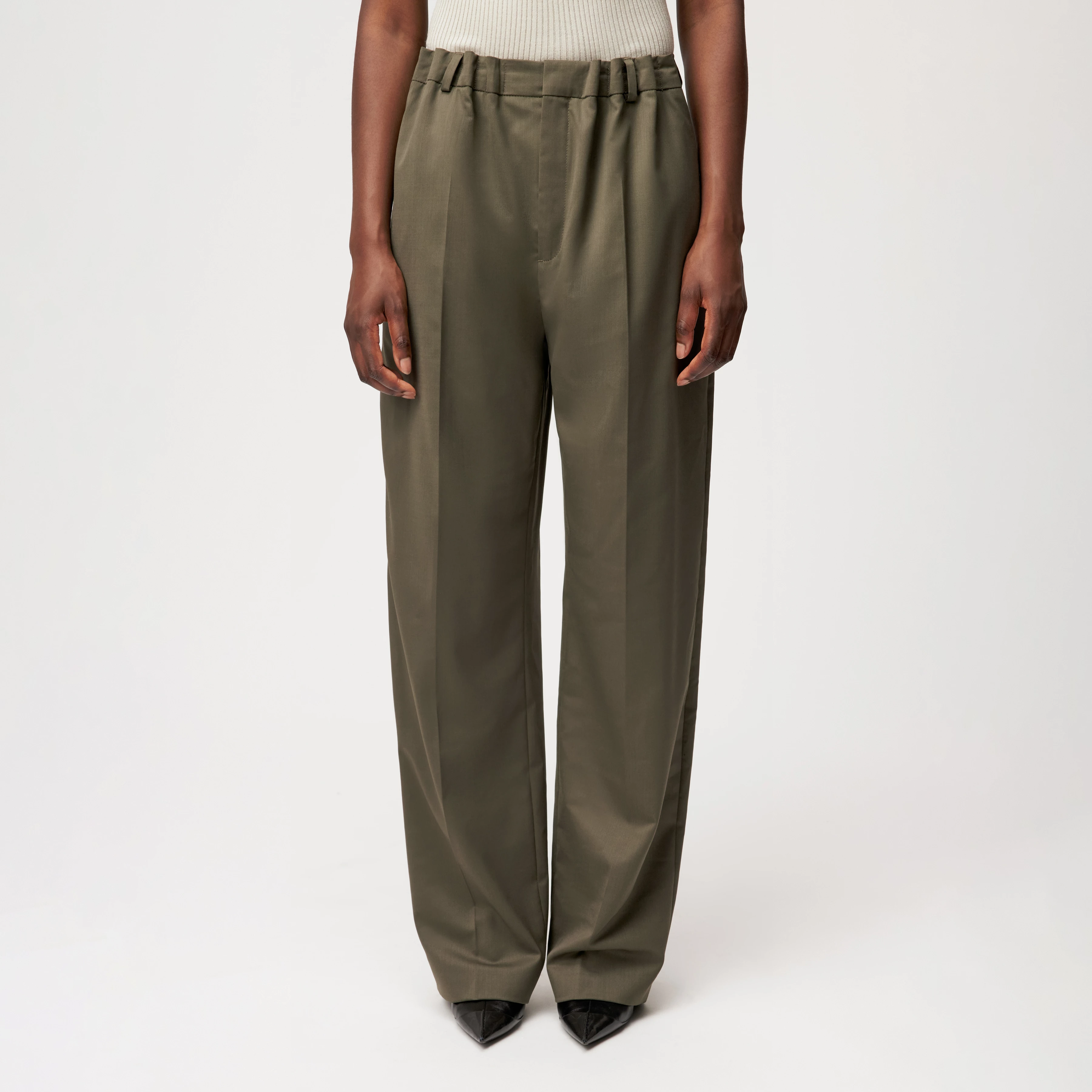 RUSTLE - Broek met bandplooien in twill - dames - groen - Frontansicht